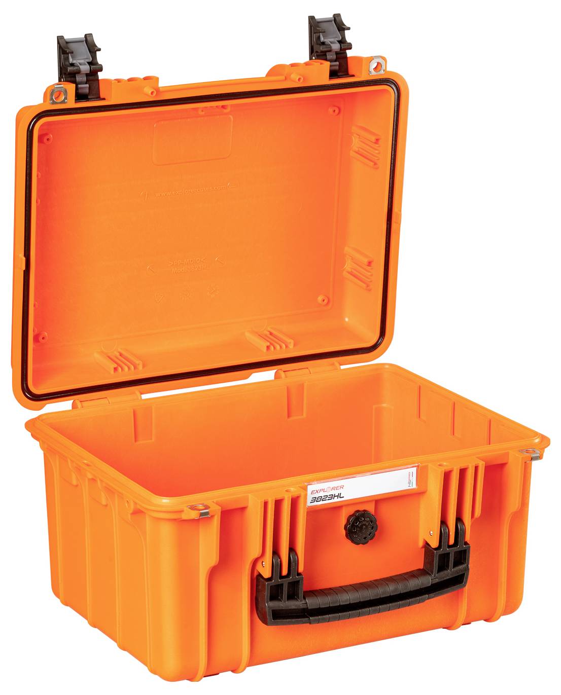 Un coffret de protection orange ouvert, avec une poignée noire et un design robuste, adapté au transport sécurisé d'objets fragiles.