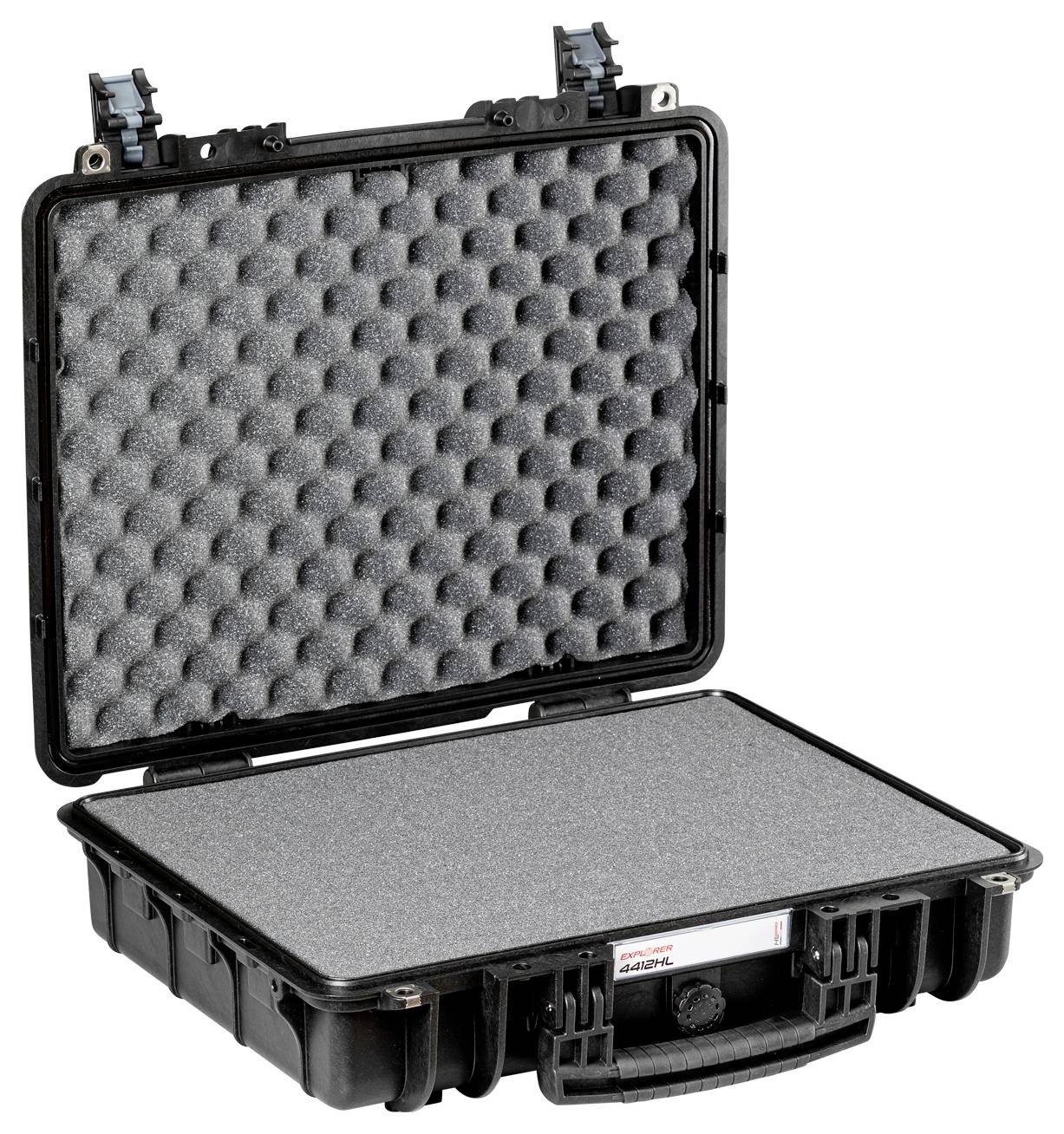 Un coffret de protection noir ouvert avec de la mousse de rembourrage à l'intérieur, adapté au transport sécurisé d'objets fragiles.