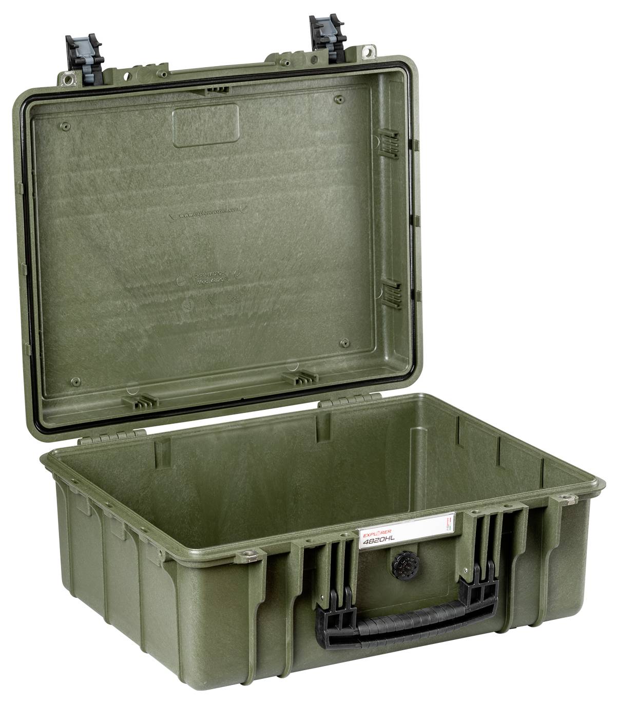 Mallette de protection vert olive ouverte, au design robuste et à la poignée noire, adaptée au stockage et au transport en toute sécurité.