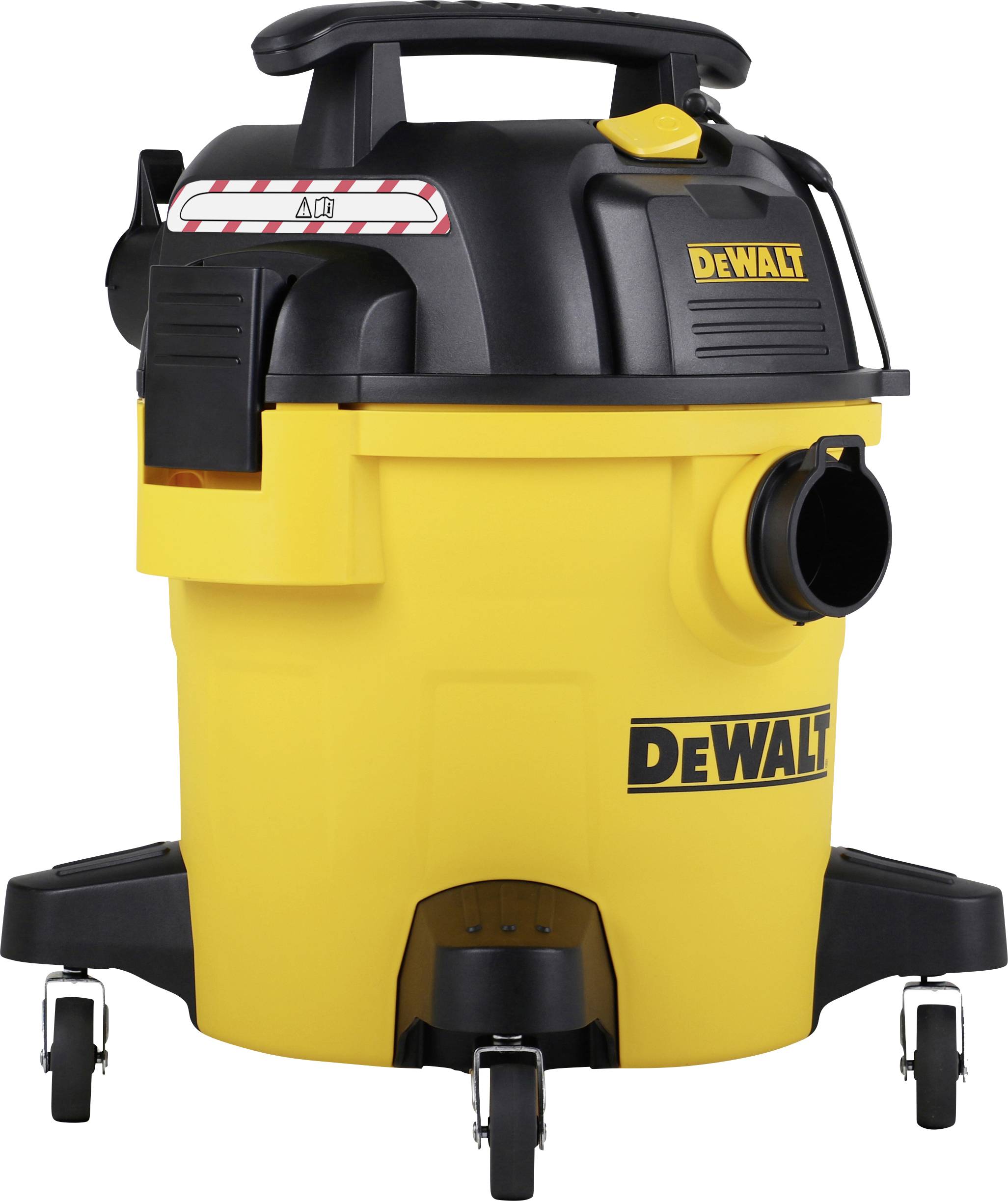 Aspirateur industriel jaune avec des touches noires, de la marque DeWalt, monté sur roues pour une mobilité facile. Vue principale.
