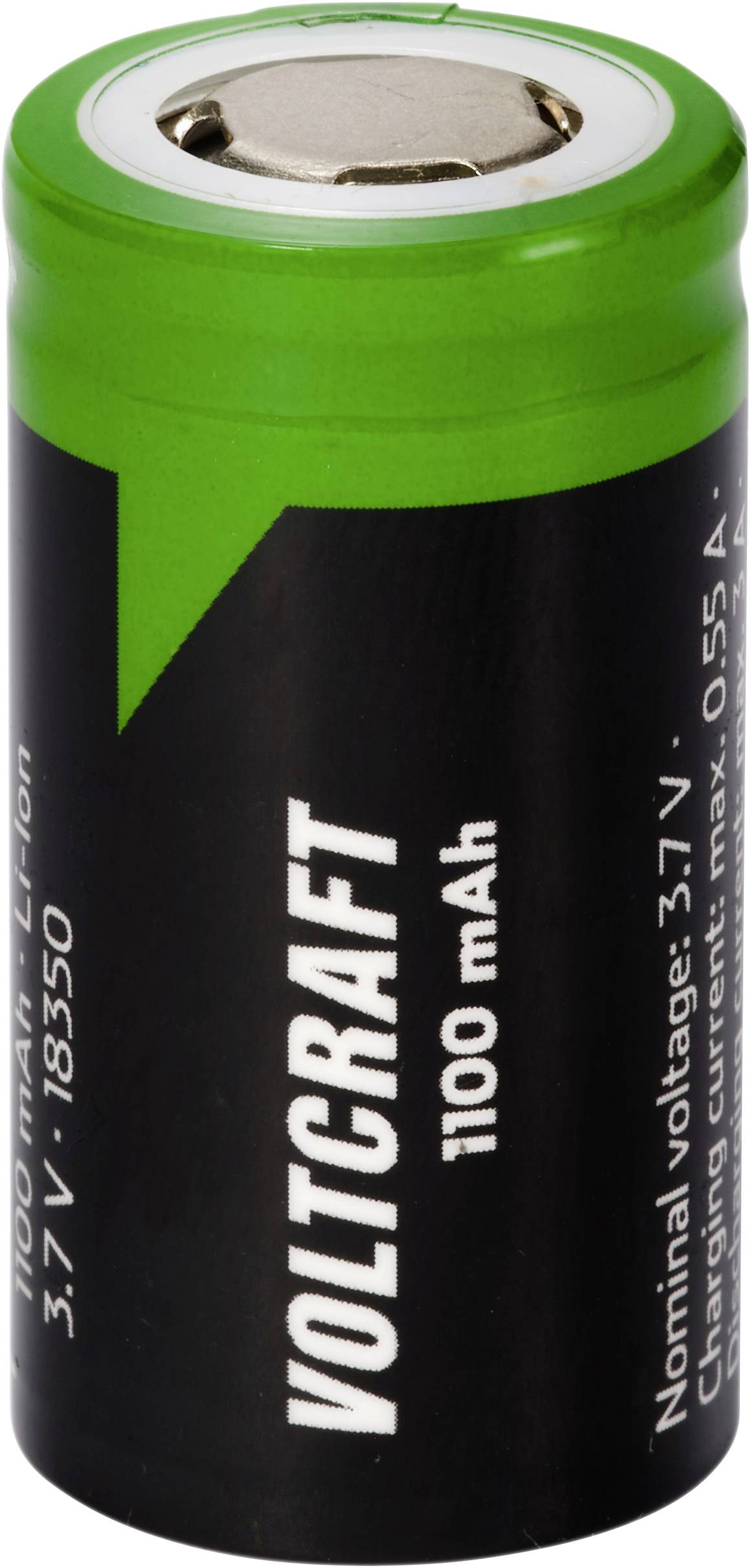 Batterie lithium-ion verte portant l'inscription « VOLTCRAFT 1100 mAh », tension nominale de 3,7 V, intensité maximale de 0,55 A.