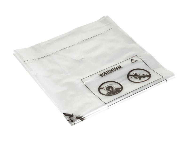 Sac en plastique blanc avec des symboles d'avertissement : Visage d'enfant avec un sac plastique sur la bouche ou le nez et visage barré portant un sac.