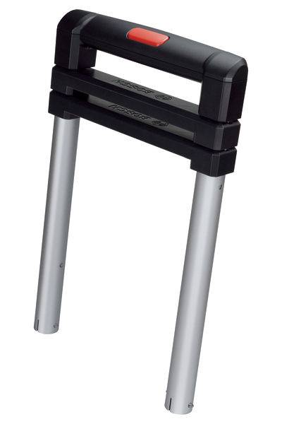 Antivol en U noir avec des branches argentées et un bouton rouge sur le dessus.