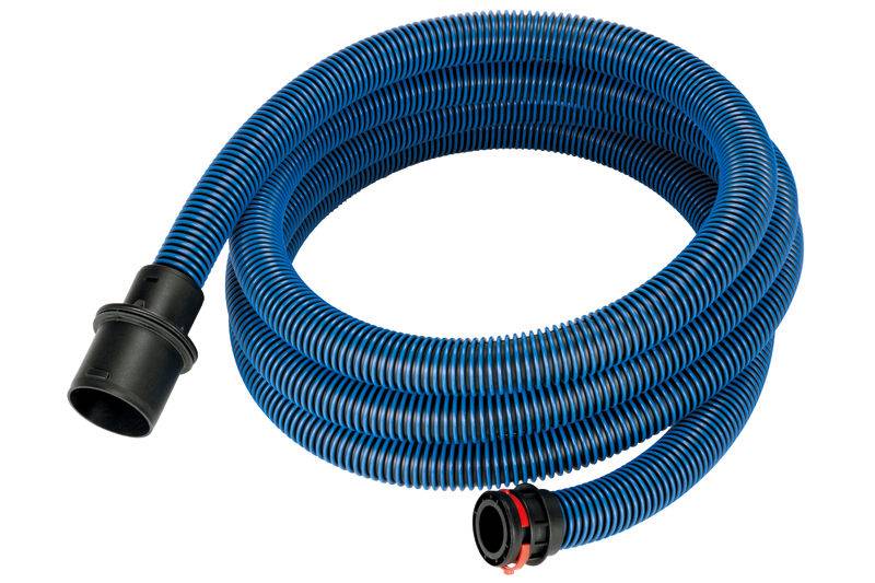 Un tuyau d'aspiration flexible bleu avec des raccords noirs aux deux extrémités, adapté aux aspirateurs ou à des appareils similaires.