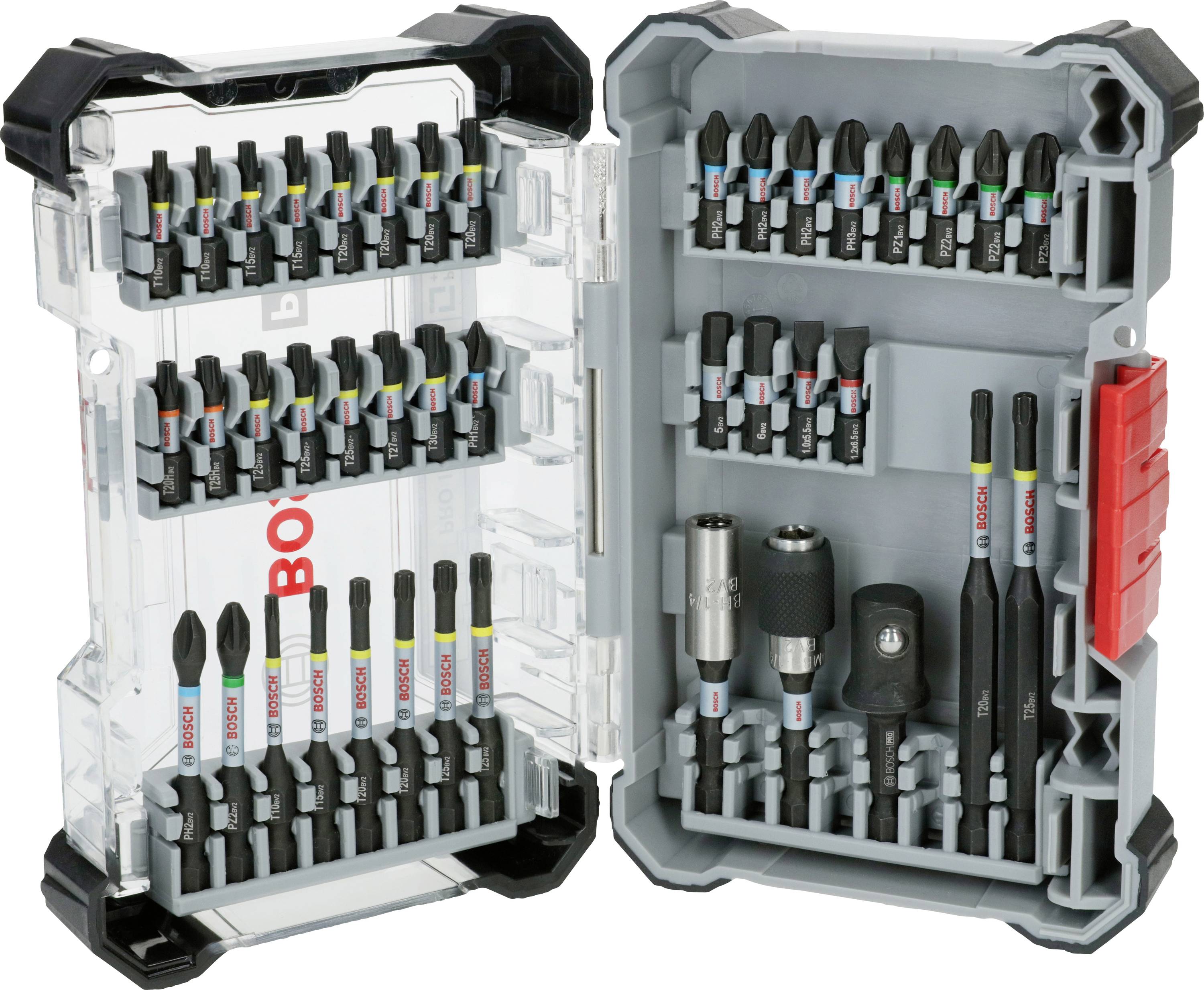 Une boîte ouverte contenant divers embouts de tournevis et accessoires d'outillage, rangés par compartiments, avec le logo de marque 'Bosch' bien visible.