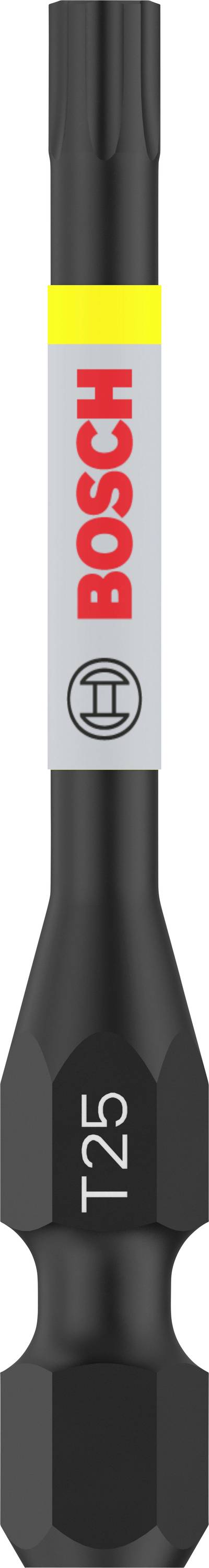 Embout de tournevis BOSCH T25, noir, gris et jaune, avec logo. Adapté aux vis Torx, matériau durable.
