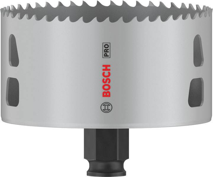 Couronne de scie en métal avec des dents tranchantes et un embout hexagonal noir affichant le logo Bosch. Adaptée pour un perçage précis à travers les surfaces métalliques.
