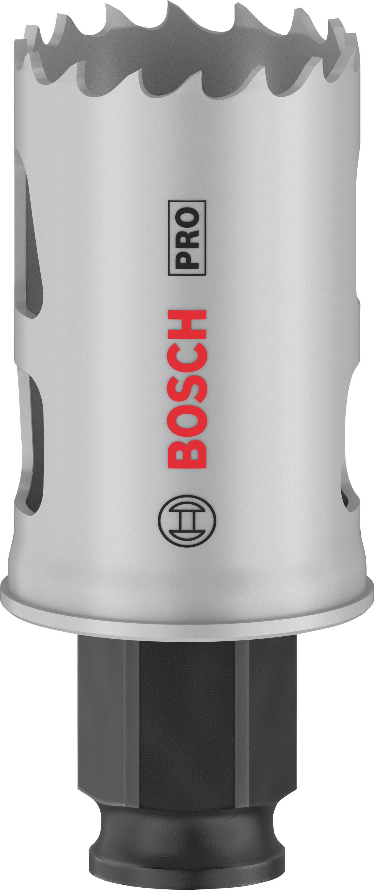 Une scie cloche grise Bosch Pro avec manche noir et dentelure tranchante.