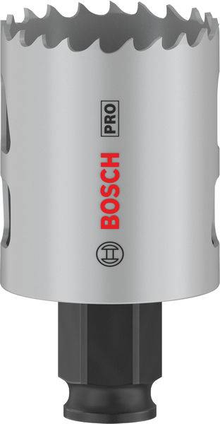 Un support de scie cloche argenté avec un bord dentelé. Logo 'BOSCH Pro' en rouge et noir sur le côté.