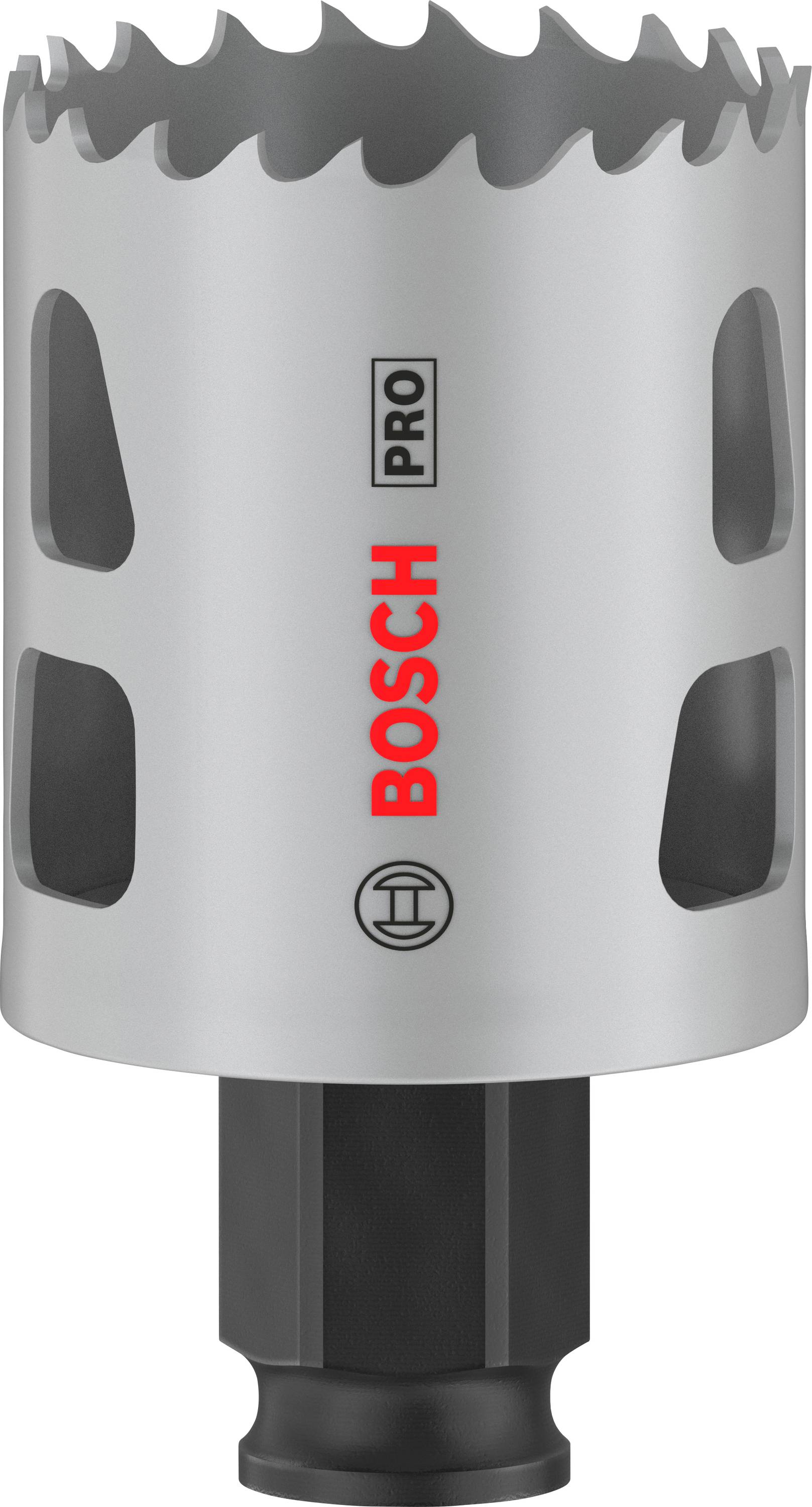 Une lame de scie à trous en argent de la marque Bosch avec bord dentelé et tige de fixation noire, adaptée aux applications professionnelles.