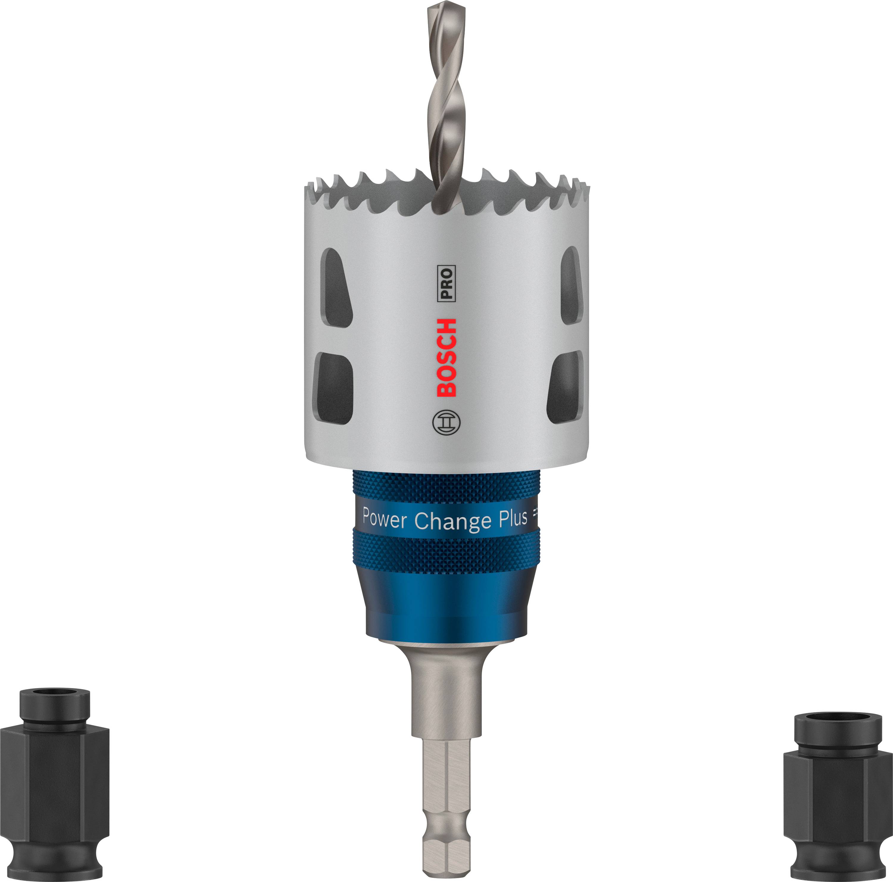 Couronne de forage avec embout et adaptateur interchangeable ; convient pour les perçages dans le bois et le métal. Les accessoires sont représentés séparément.