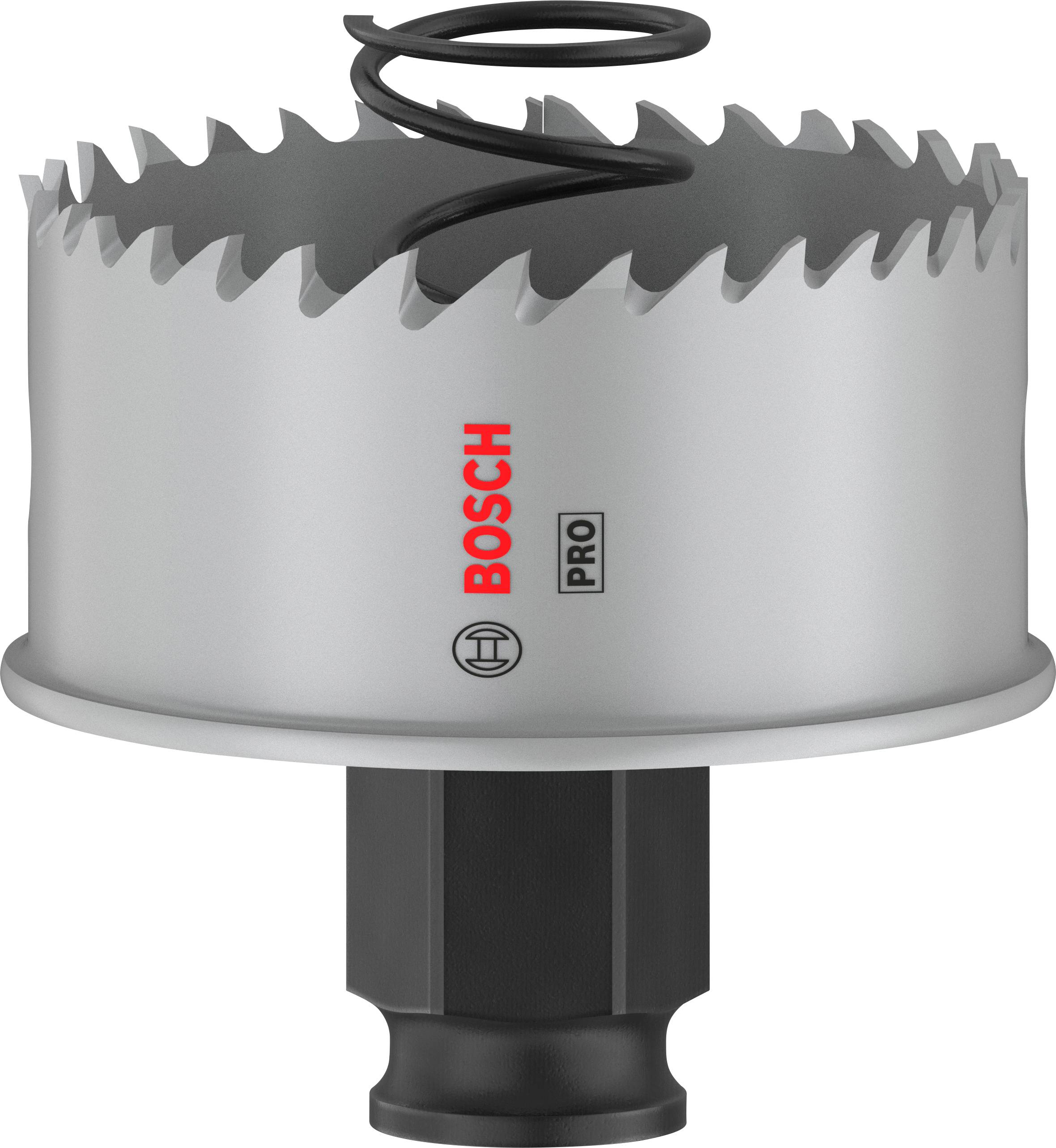 Couronne de scie Bosch avec bord dentelé et ressort hélicoïdal au centre, adaptée pour un perçage précis dans différents matériaux.