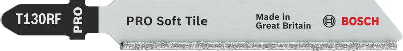 Lame de scie portant l'inscription 'T130RF PRO Soft Tile', 'Made in Great Britain', logo Bosch ; pour carrelages tendres.