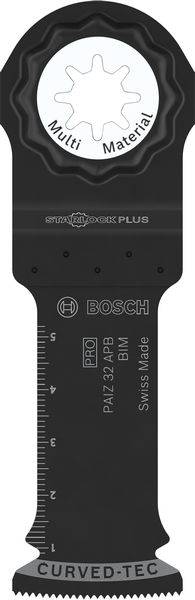 Lame de scie oscillante portant l'inscription 'Multi Matériaux' et 'Bosch'. Adaptée à divers matériaux. Dimensions du réglet en bas.