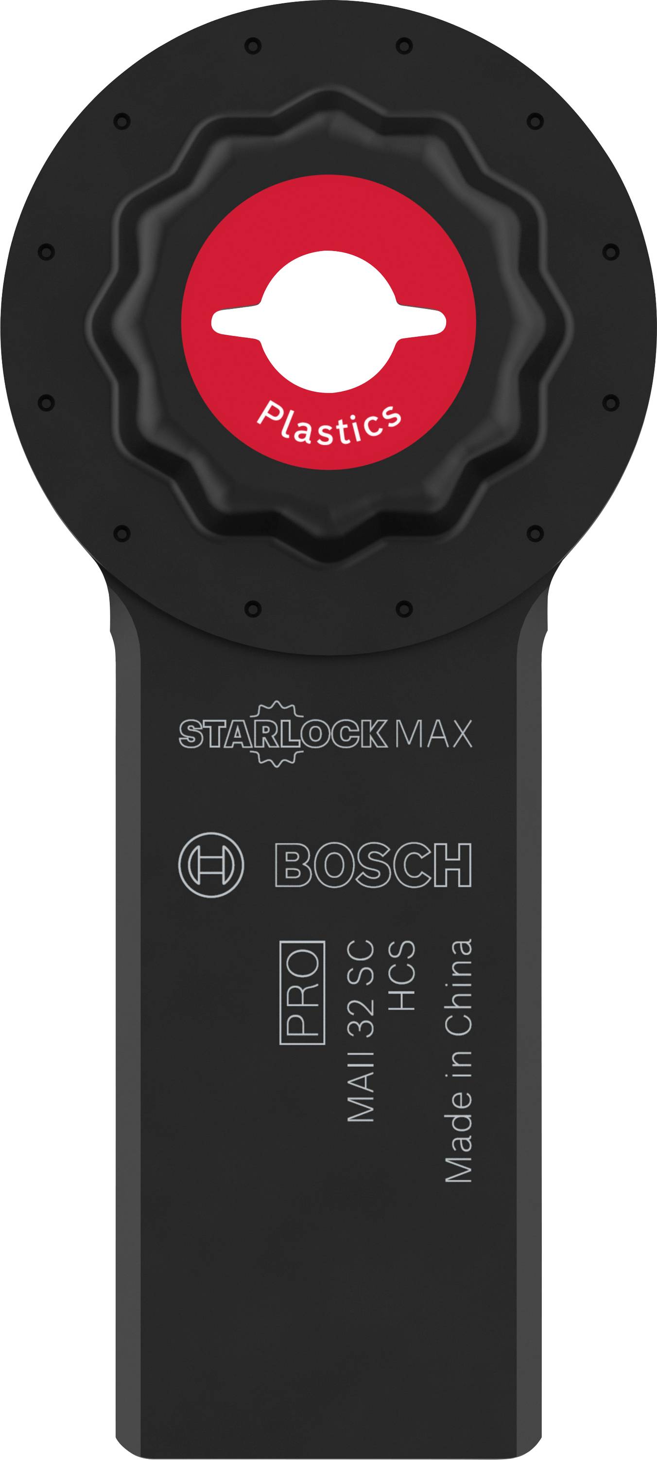Lame de scie noire avec un cercle rouge et 'Plastics' au centre, nom de marque 'Bosch' et 'Starlock Max' en dessous, adaptée pour les matières plastiques.