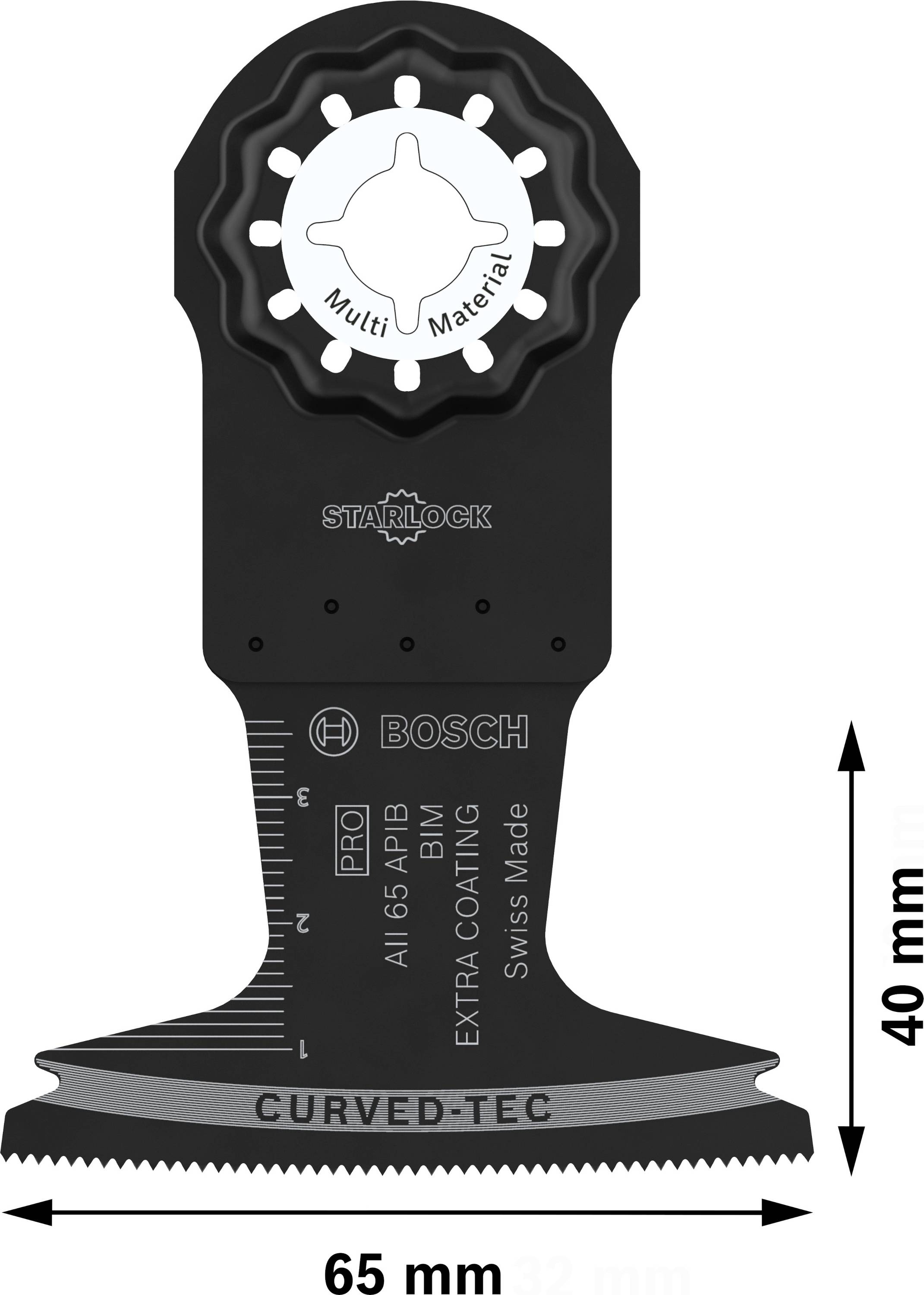 Lame de scie Bosch, système Starlock, 40 mm x 65 mm, adaptée à différents matériaux, avec indications de mesure pour la précision.