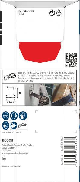 Lame de scie Bosch Fein-Starlock, largeur 65 mm, compatible avec diverses marques. Emballage avec informations produit et logos.