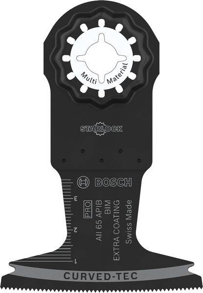 Lame de scie pour multitools, marque Bosch, modèle Starlock, adaptée à divers matériaux, couleur noire, échelle métrique.