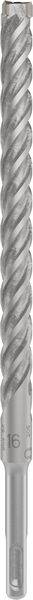 Un foret en argent à structure spiralée, utilisé pour percer des matériaux tels que le béton ou la pierre, avec une fixation SDS-plus.