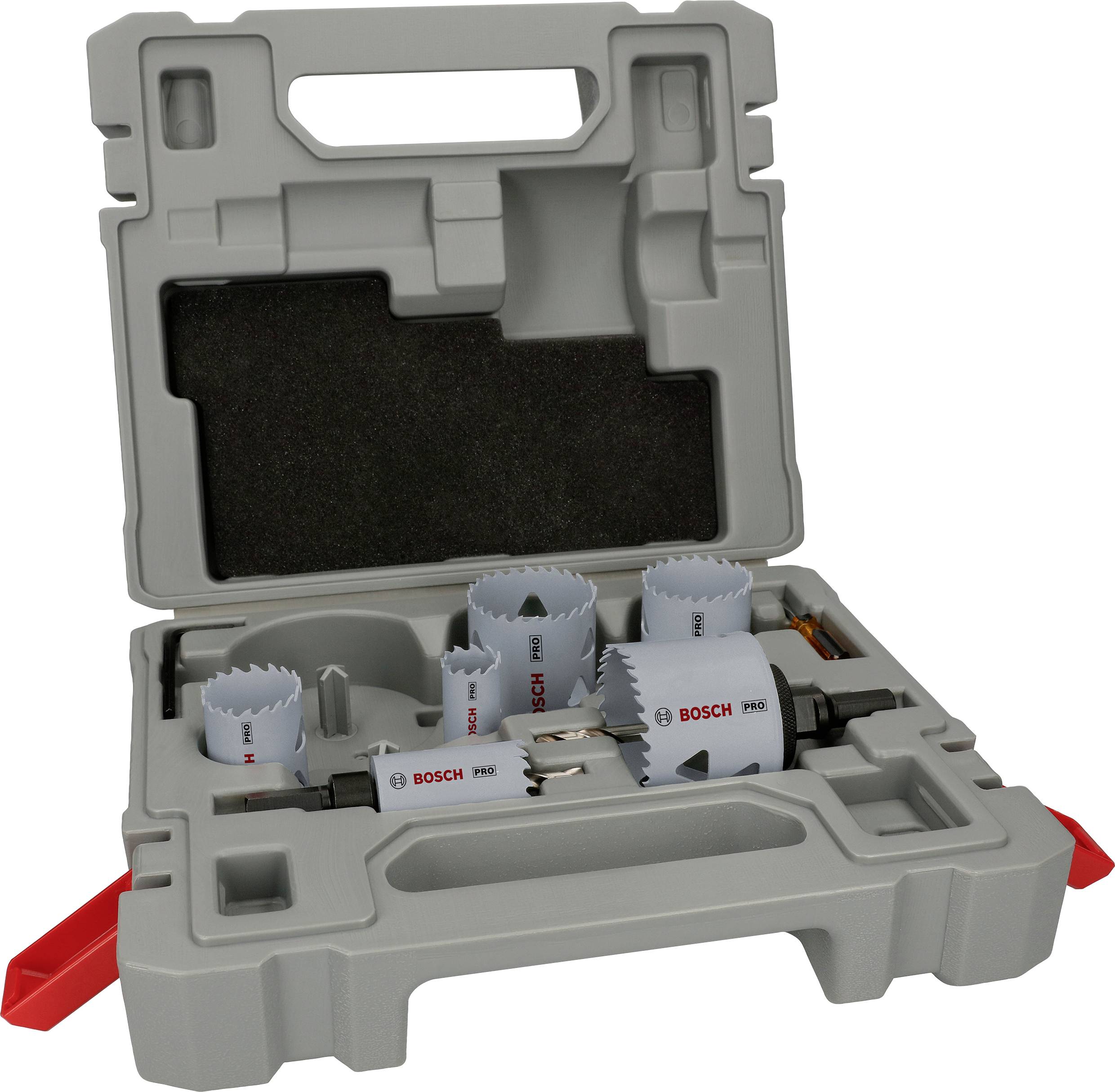 Coffret de scies cloches de la marque 'Bosch' en gris, comprenant plusieurs adaptateurs de scie de différentes tailles, pour le perçage dans divers matériaux.