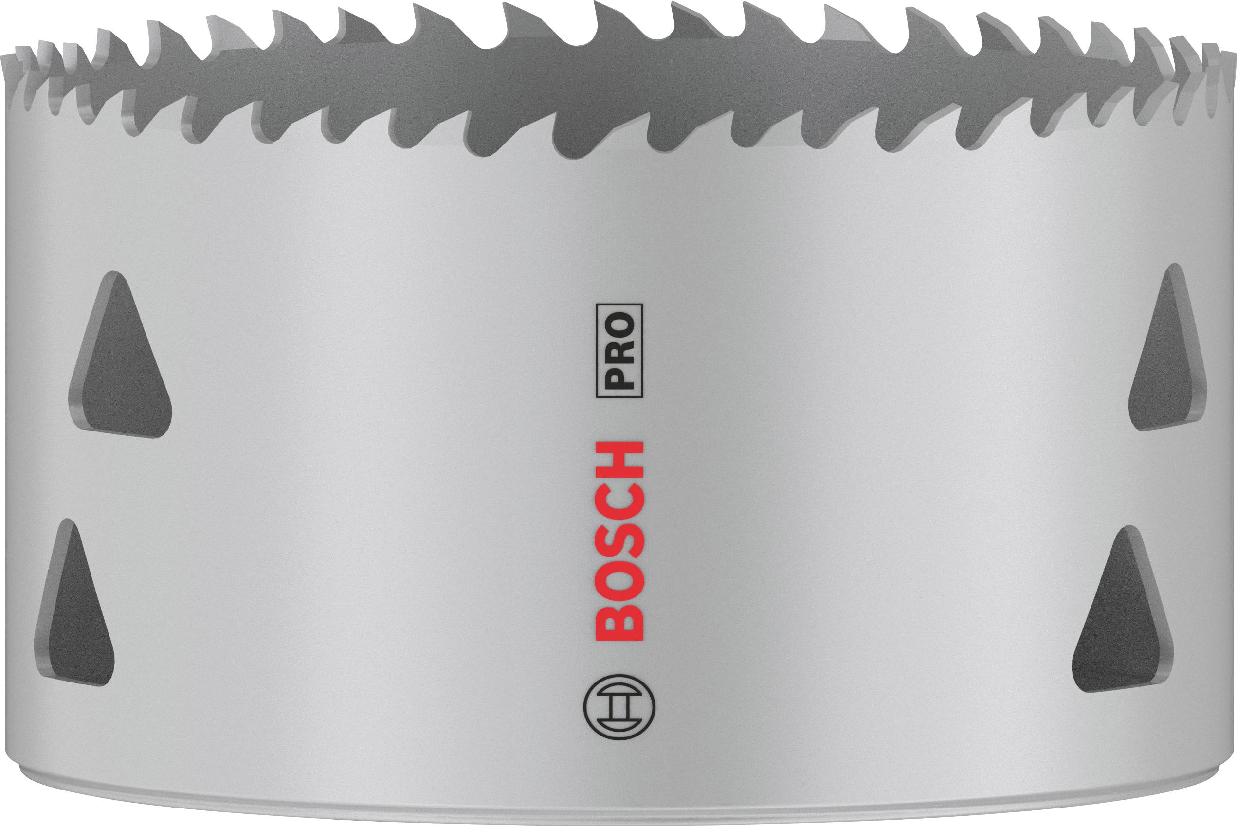Couronne de forage argentée avec bord dentelé, portant le logo rouge Bosch et l'inscription 'PRO'.