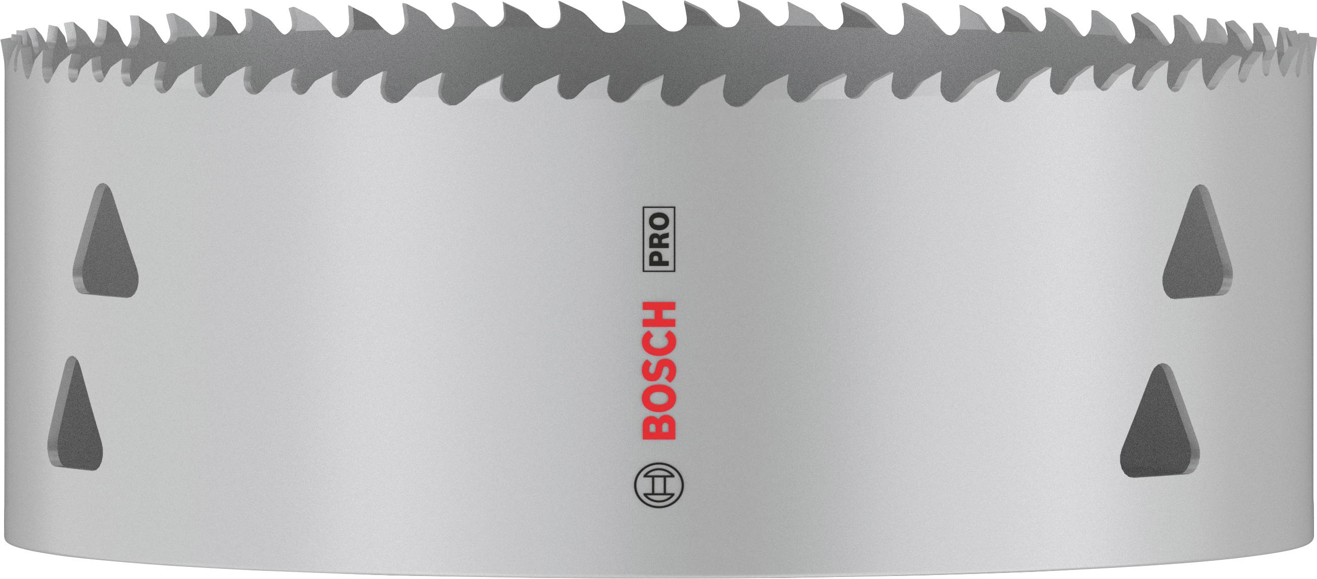 Couronne de scie Bosch aux dents acérées et trois ouvertures, adaptée aux perçages professionnels dans divers matériaux.