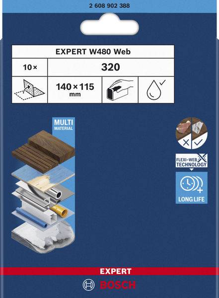Emballage de disque abrasif 'EXPERT W480 Web' pour divers matériaux, 140x115 mm, contenant 10 pièces. Adapté au ponçage humide, durée de vie prolongée.