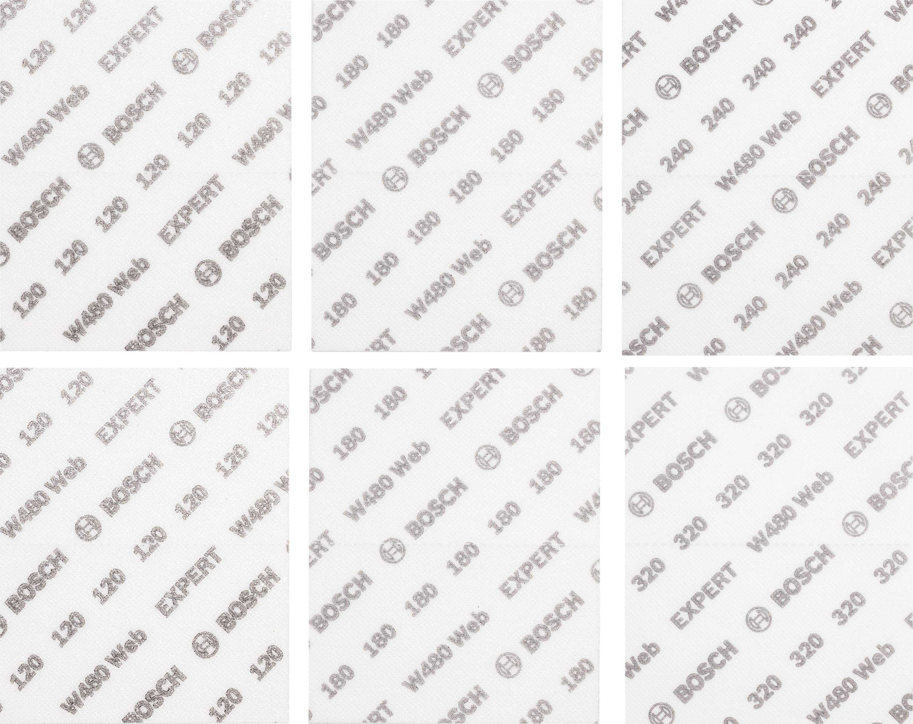 Papier de verre portant le logo répété 'BOSCH', avec les mentions 'W480 Net', 'EXPERT', et des séries de chiffres tels que '120', '180', '240' sur la surface.