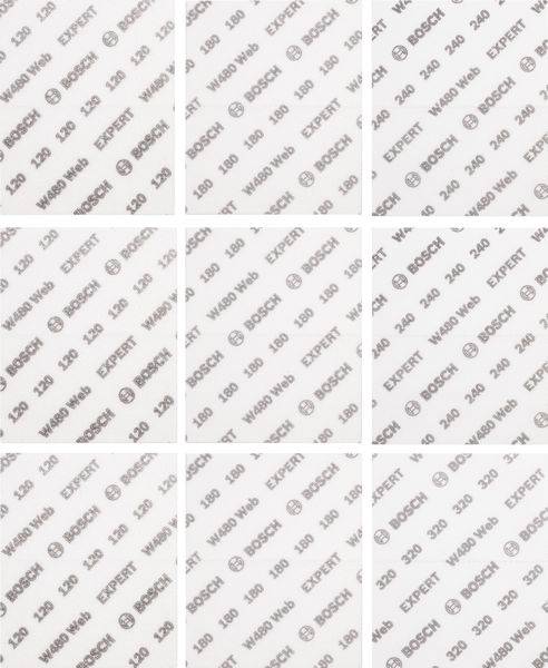 L'image montre neuf feuilles de papier de verre Bosch disposées en motif de grille. Sur chaque feuille figurent des tailles de grain allant de 40 à 240.