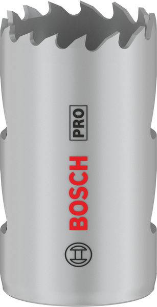 Couronne de forage Bosch pour applications professionnelles, de couleur argentée avec des dents sur le pourtour ; logo rouge distinctif de Bosch et marquage 'PRO'.