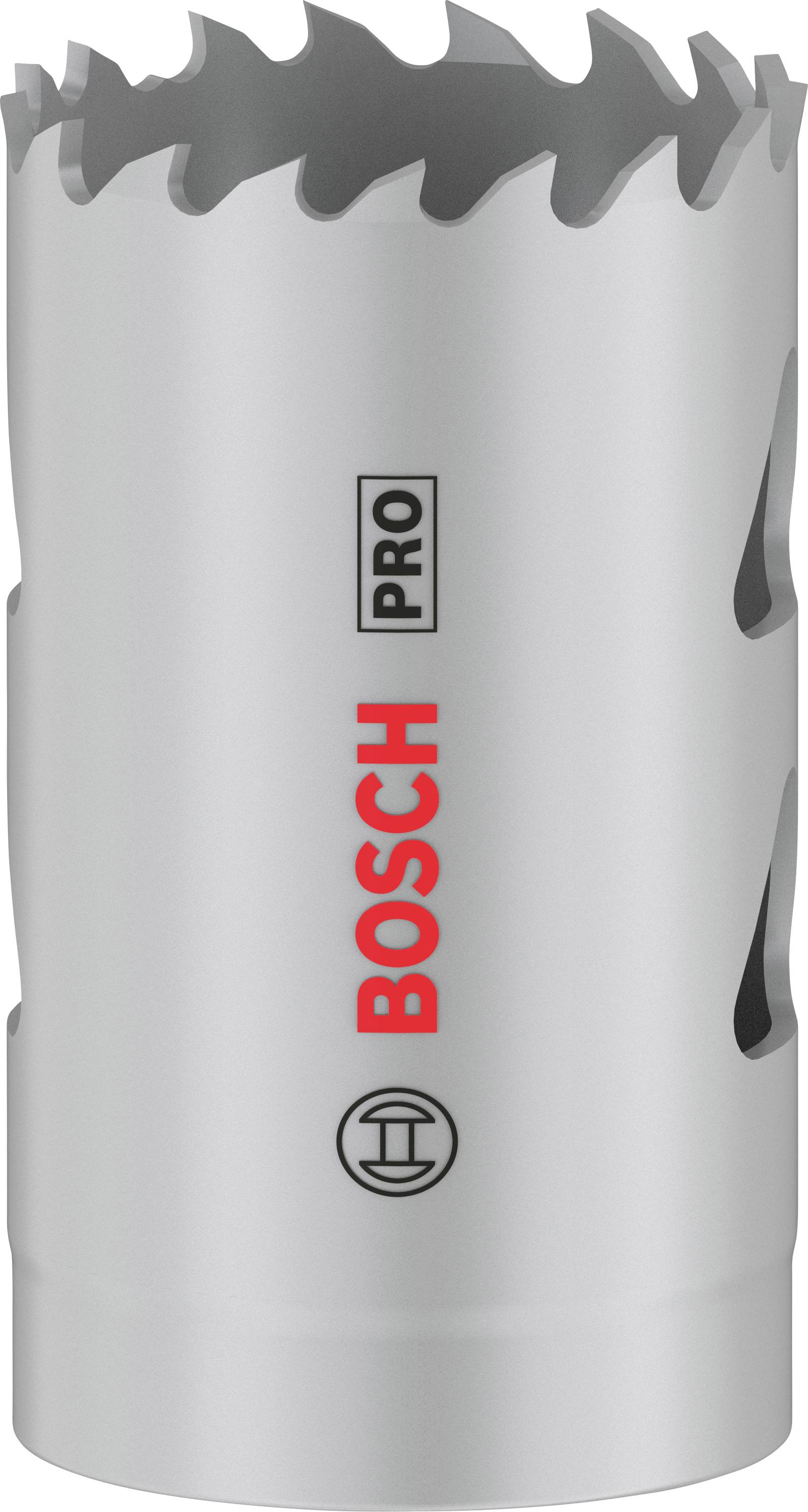 Couronne de scie argentée de Bosch avec l'inscription 'PRO'. Principalement adaptée aux applications sur bois et métal.