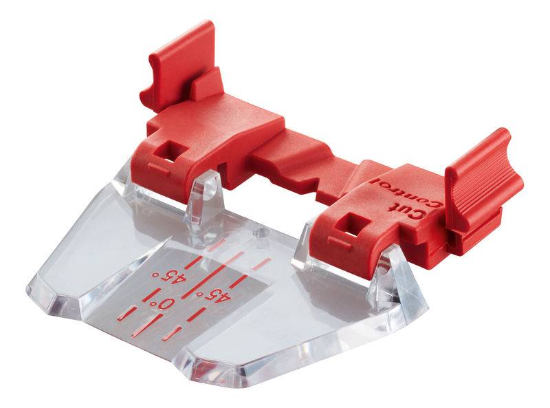 Un rapporteur en plastique transparent avec des clips rouges, marqué d'angles de 0 à 90 degrés, pour un guidage précis lors de la coupe.
