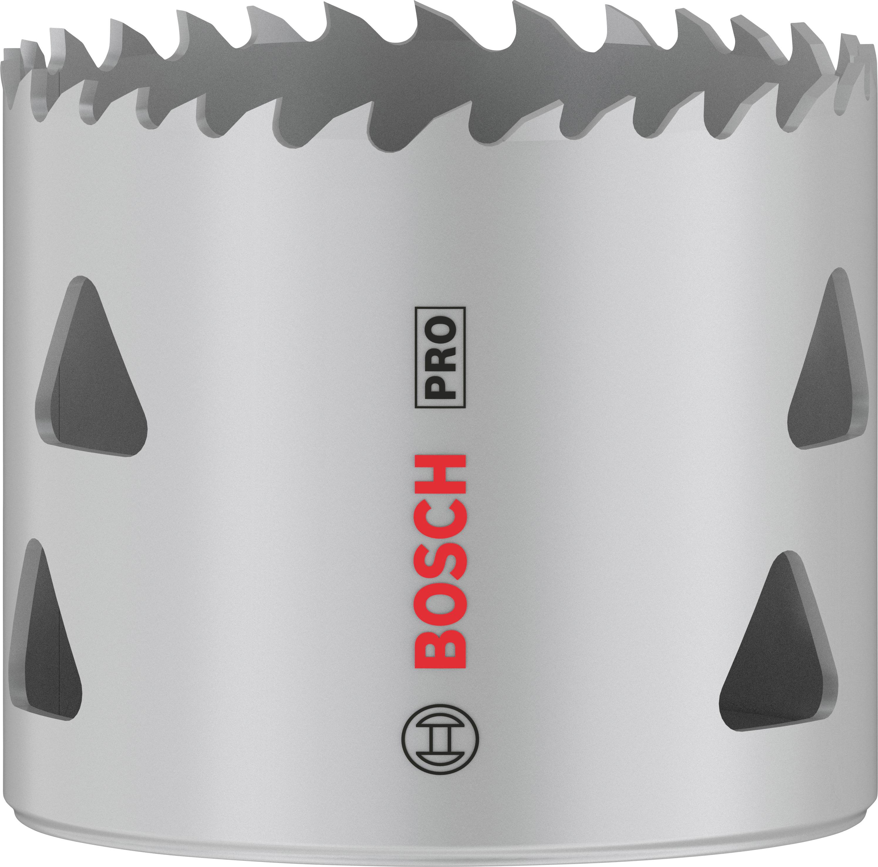 Lame de scie en bois Bosch avec inscription 'Pro', couleur grise, forme ronde avec des dents acérées en haut, adaptée aux applications professionnelles.