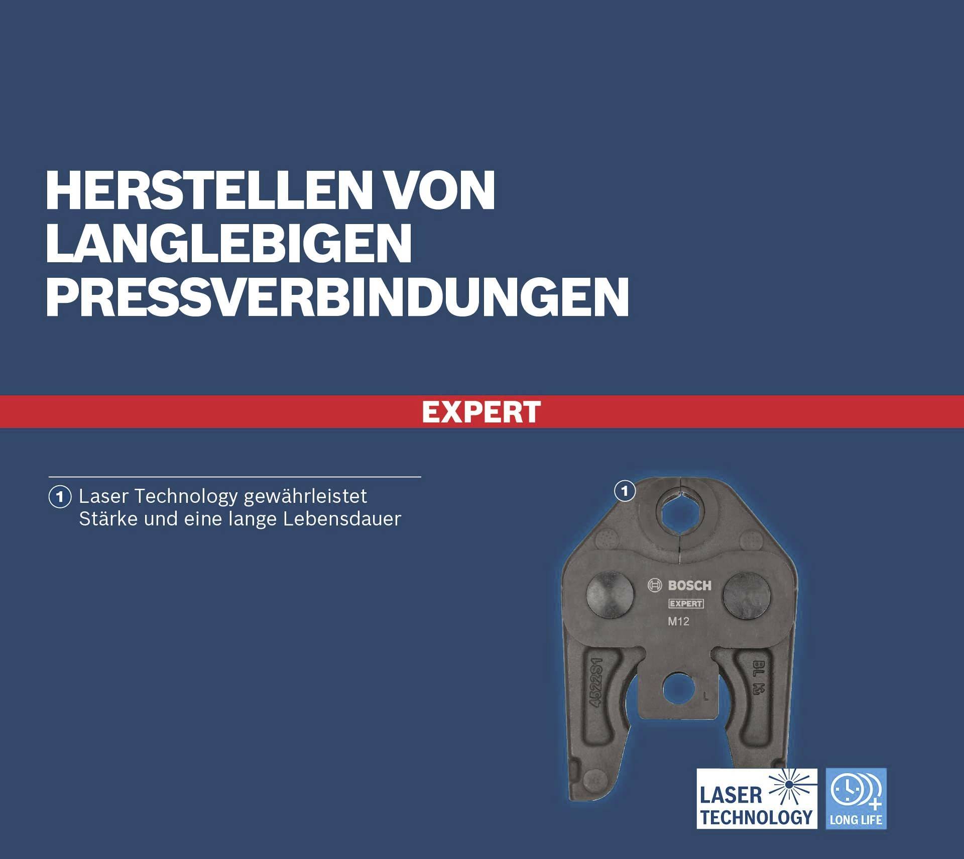 'Réalisation de raccords à sertir durables' avec image d'une pince à sertir Bosch, met l'accent sur la robustesse et la longue durée de vie grâce à la technologie laser.