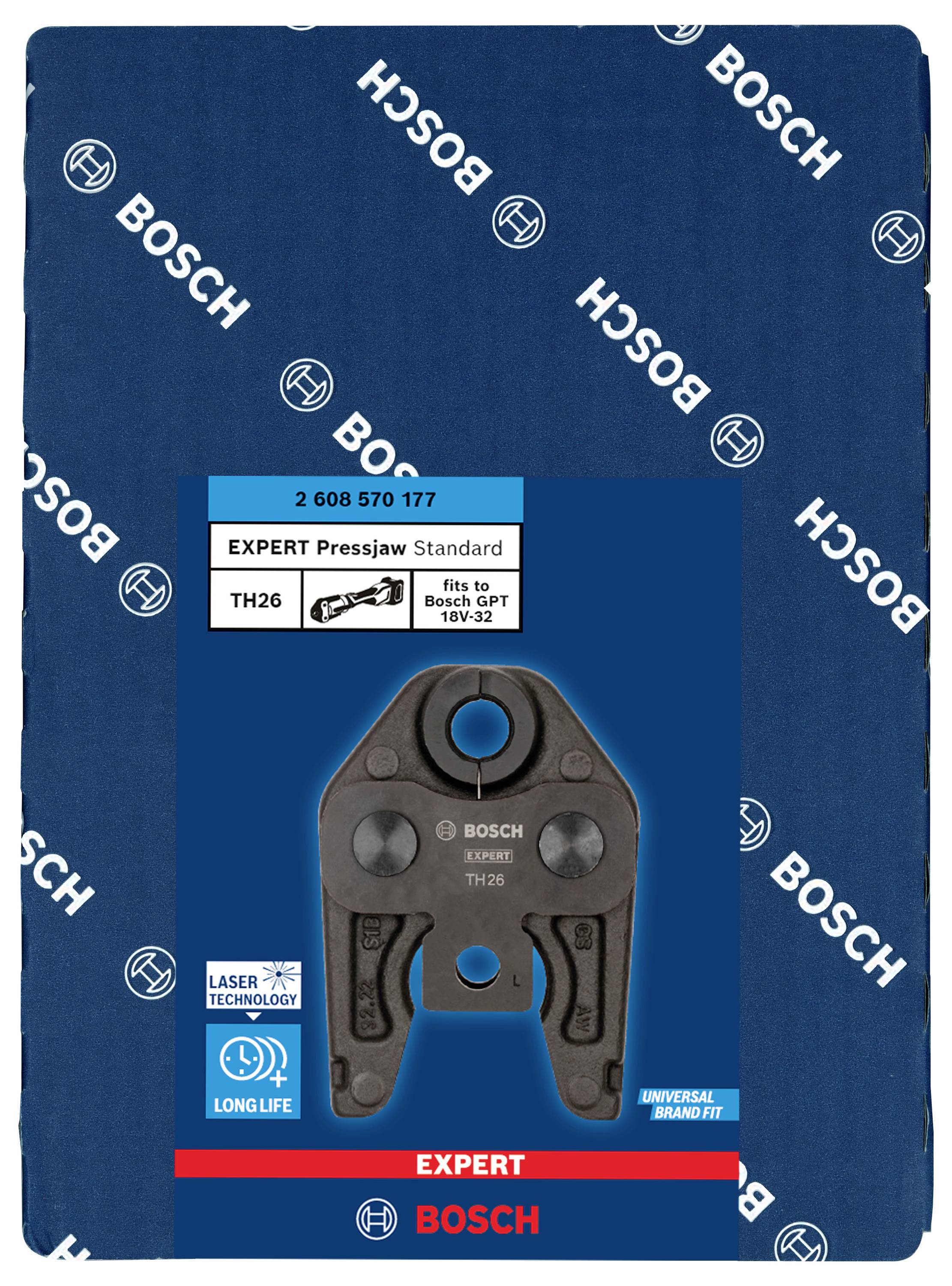 'Pince à sertir Bosch TH26' sur fond bleu avec le logo Bosch. Adaptée pour 18V-32. Comprend les symboles 'Technologie Laser' et 'Longue Durée'.