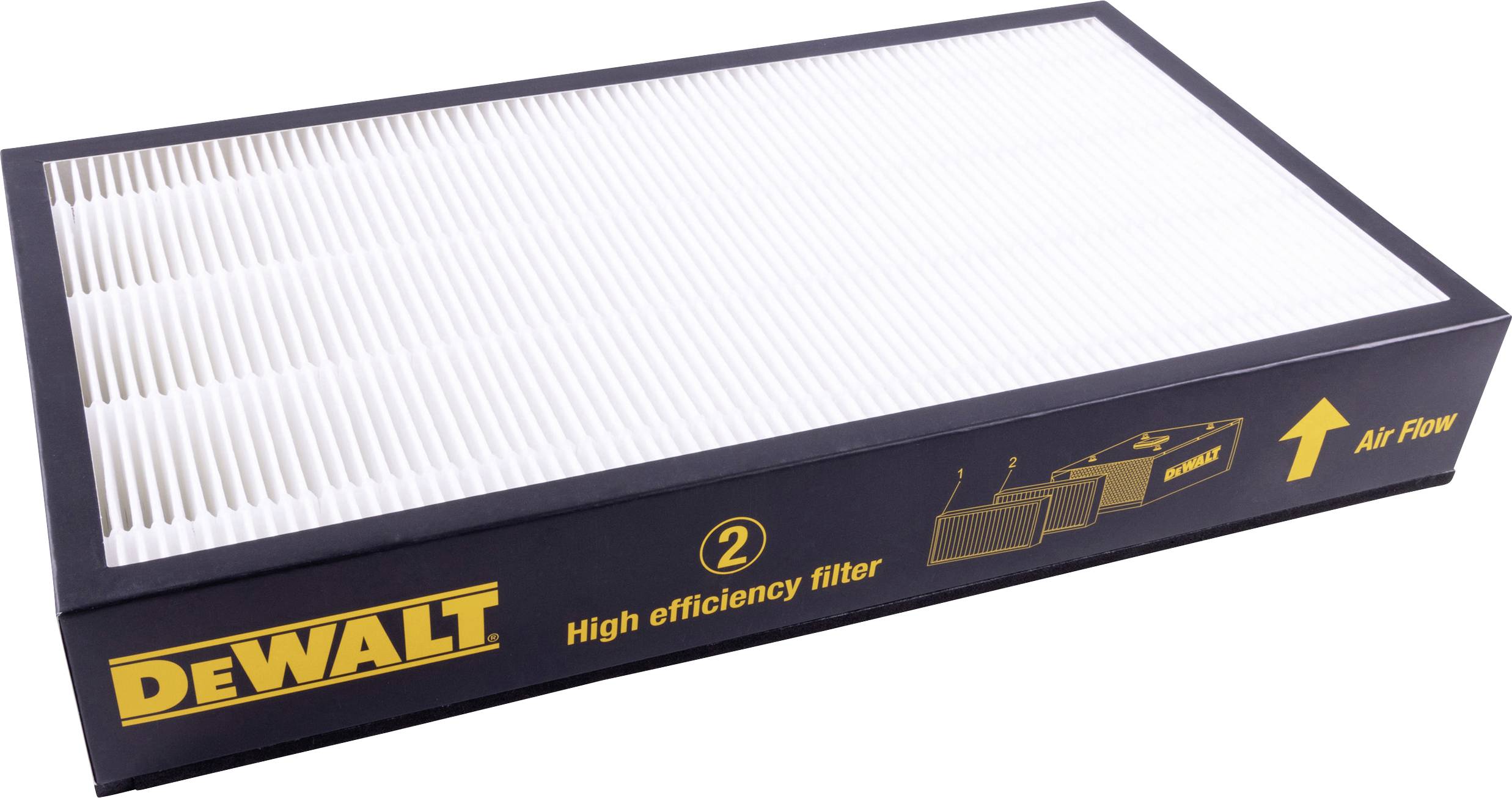 Filtre haute efficacité DeWalt ; filtre rectangulaire avec une flèche directionnelle indiquant le sens du flux d'air sur l'emballage.