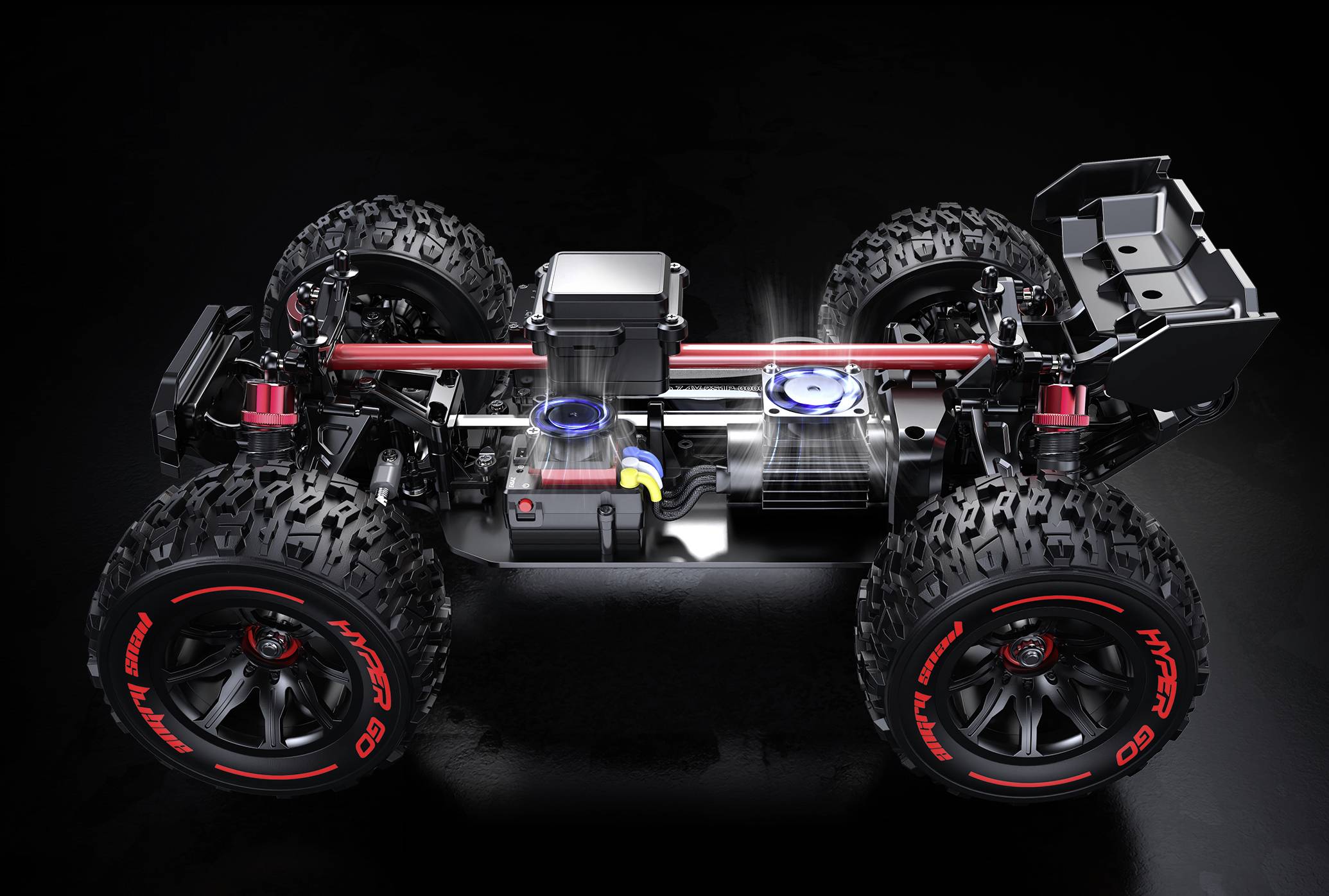 Une voiture miniature avec le châssis mis à nu montre la suspension et le groupe motopropulseur. Elle possède de grandes roues à profil et un design robuste.