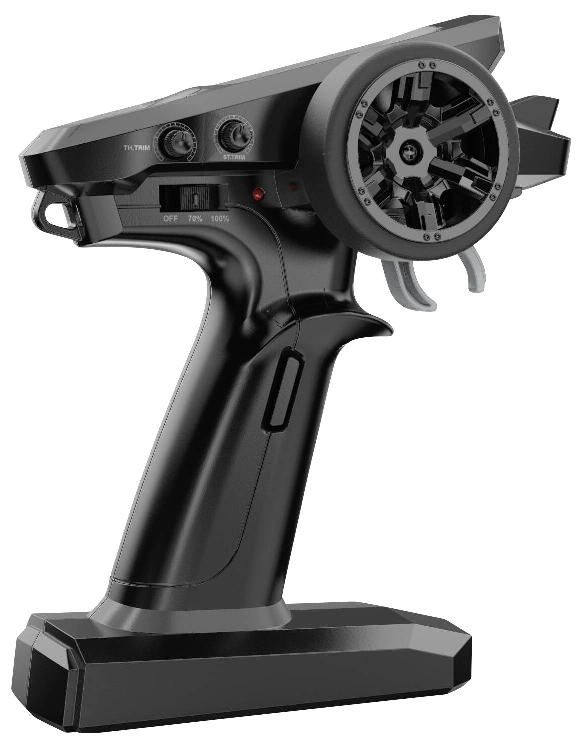 Une télécommande de voiture RC de style pistolet en noir avec un volant, des interrupteurs de trim et un régulateur de puissance sur le dessus.