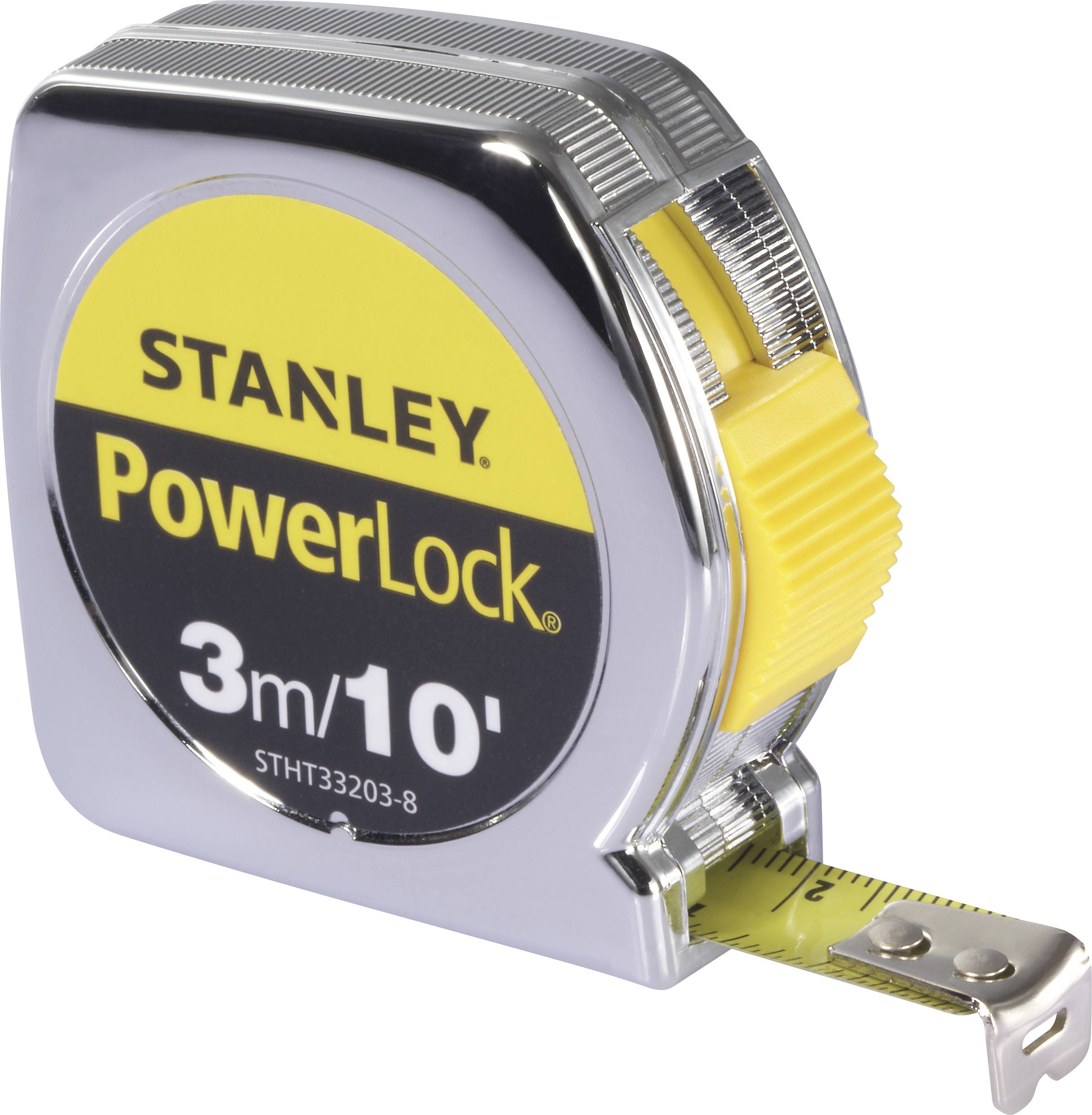 Un mètre ruban Stanley PowerLock argent et jaune, déplié sur 3 mètres. L'appareil est conçu pour des mesures précises.