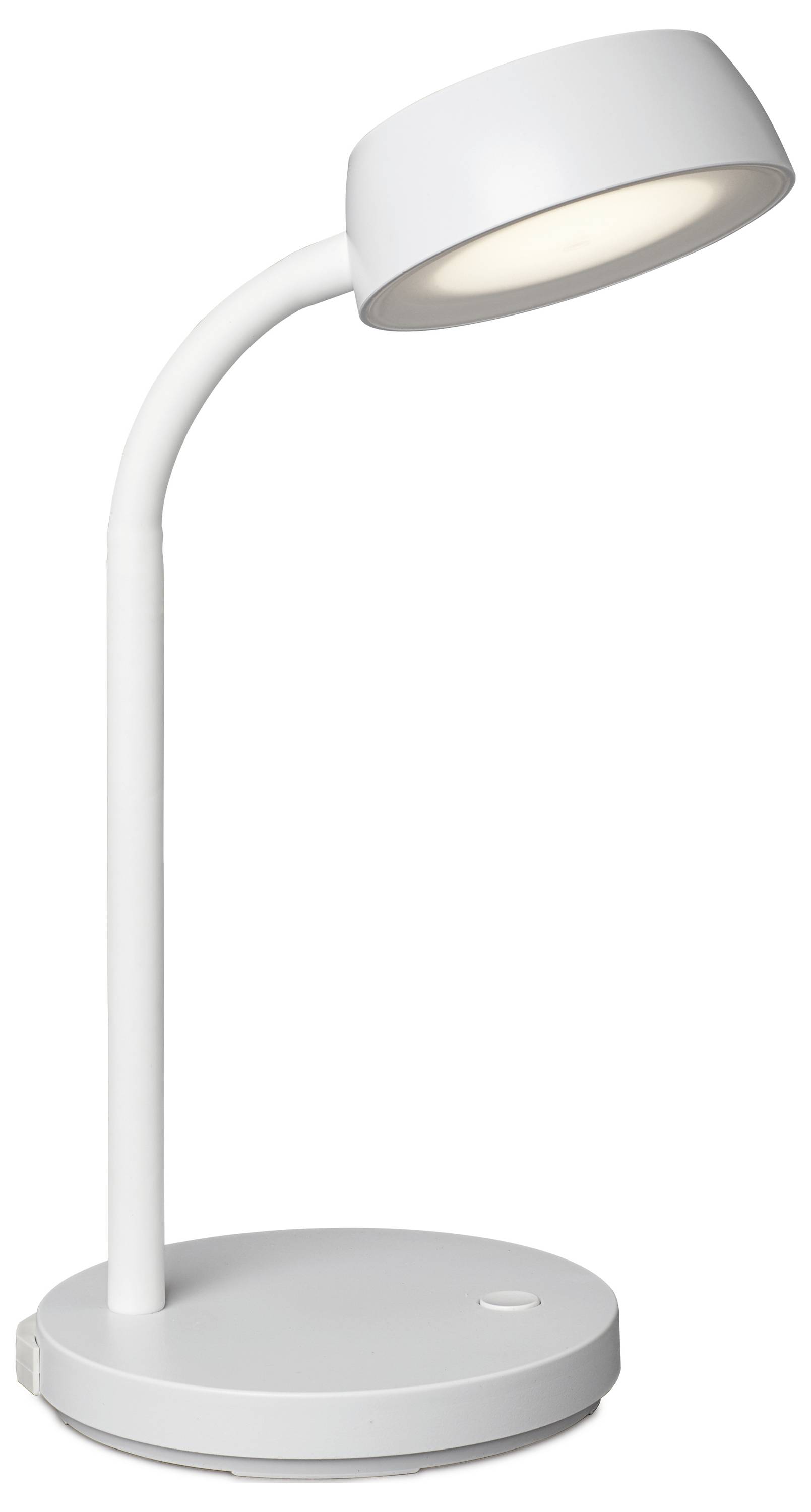 Lampe de table blanche au col flexible et à l'abat-jour rond, reposant sur une base circulaire.