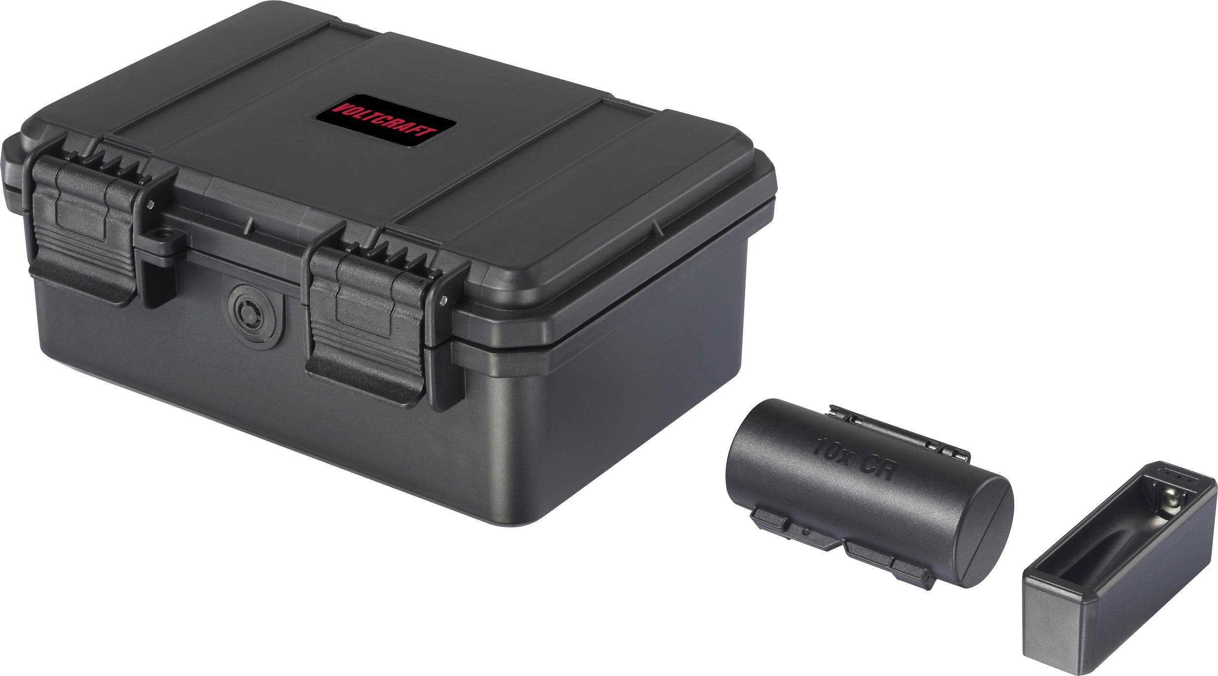 Boîte à outils noire avec fermetures de sécurité, compartiment de batterie amovible et chargeur sur fond blanc.