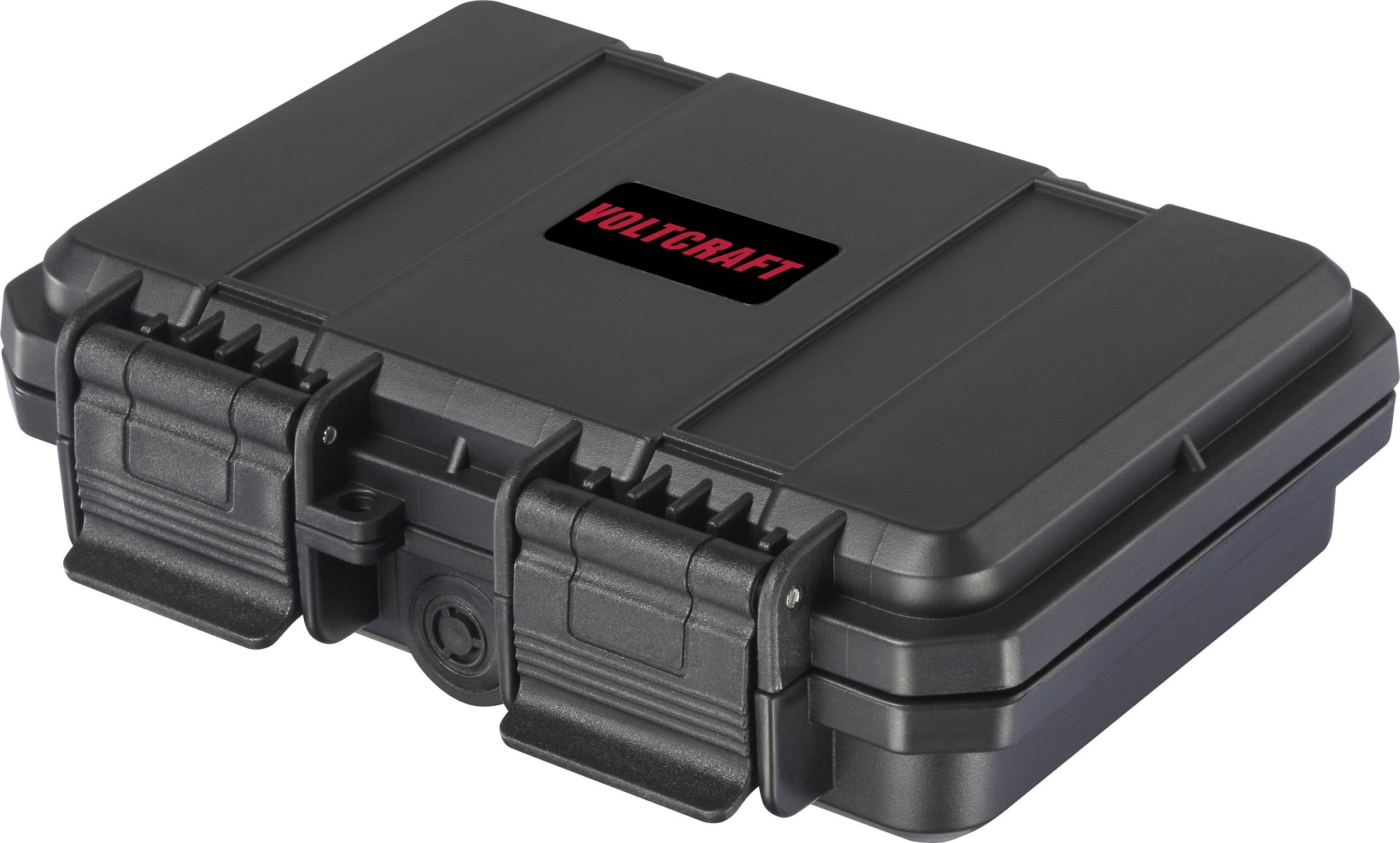 Valise noire en plastique robuste avec le logo 'VOLTCARFT' sur le couvercle, deux fermetures à l'avant, adaptée pour la protection et le transport.