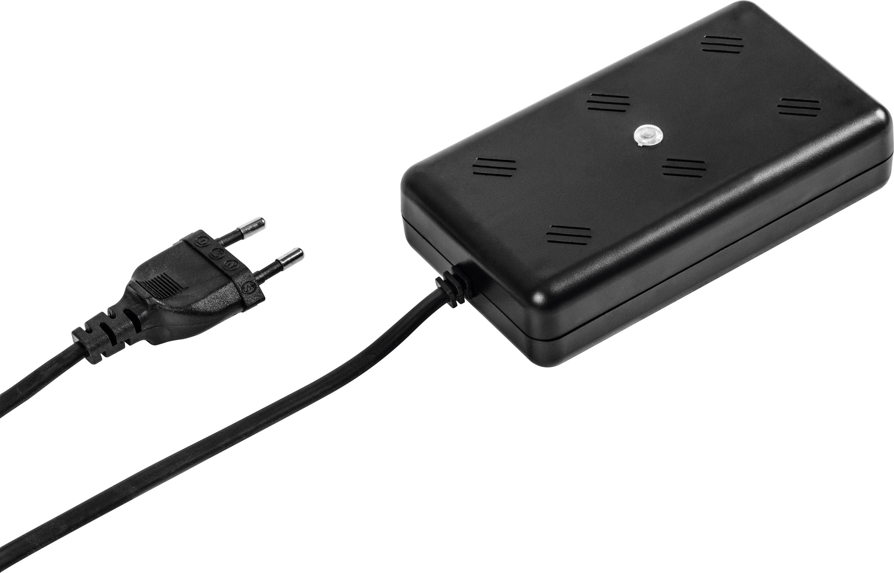 Un bloc d'alimentation noir avec une fiche européenne est représenté. Il est adapté pour se connecter à des appareils électroniques.