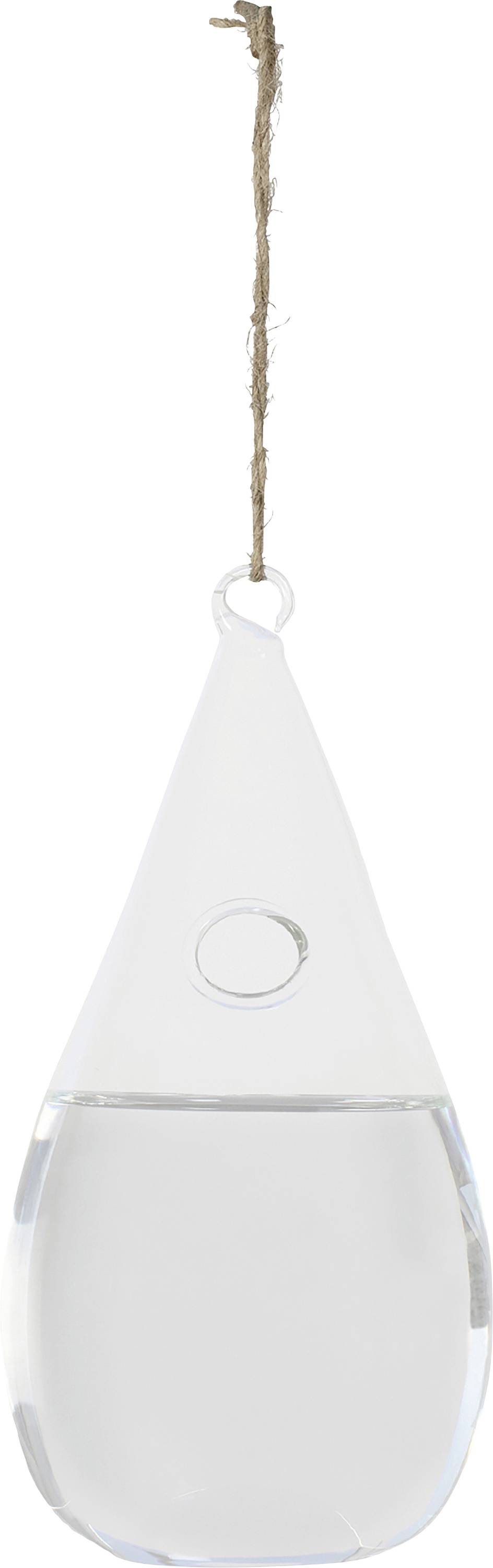 Un récipient en verre transparent et suspendu en forme de goutte, avec une petite ouverture, à moitié rempli d'eau. Fixé à une corde.