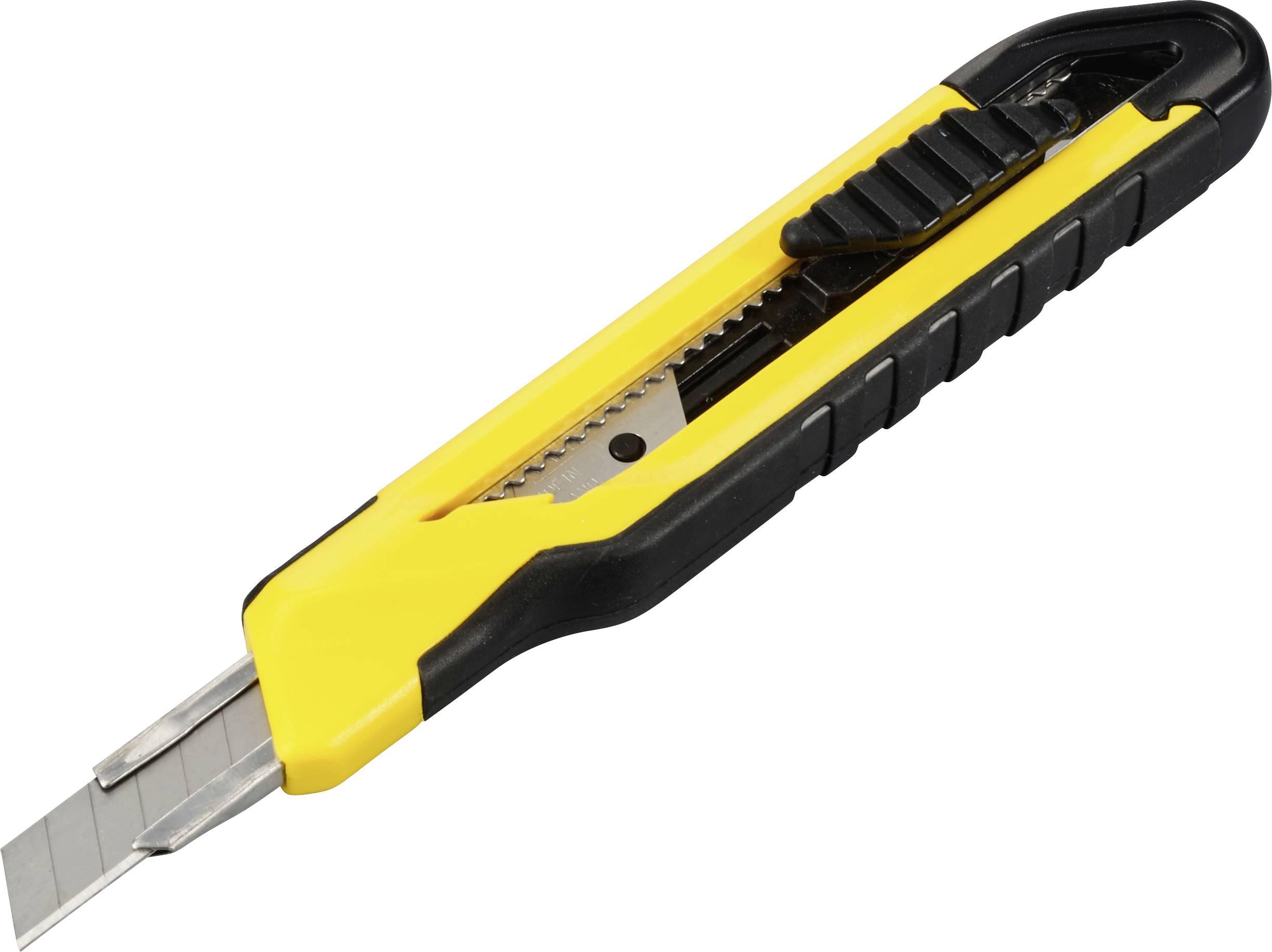 Un couteau à tapis jaune et noir avec une lame segmentée rétractable, sur un fond blanc.