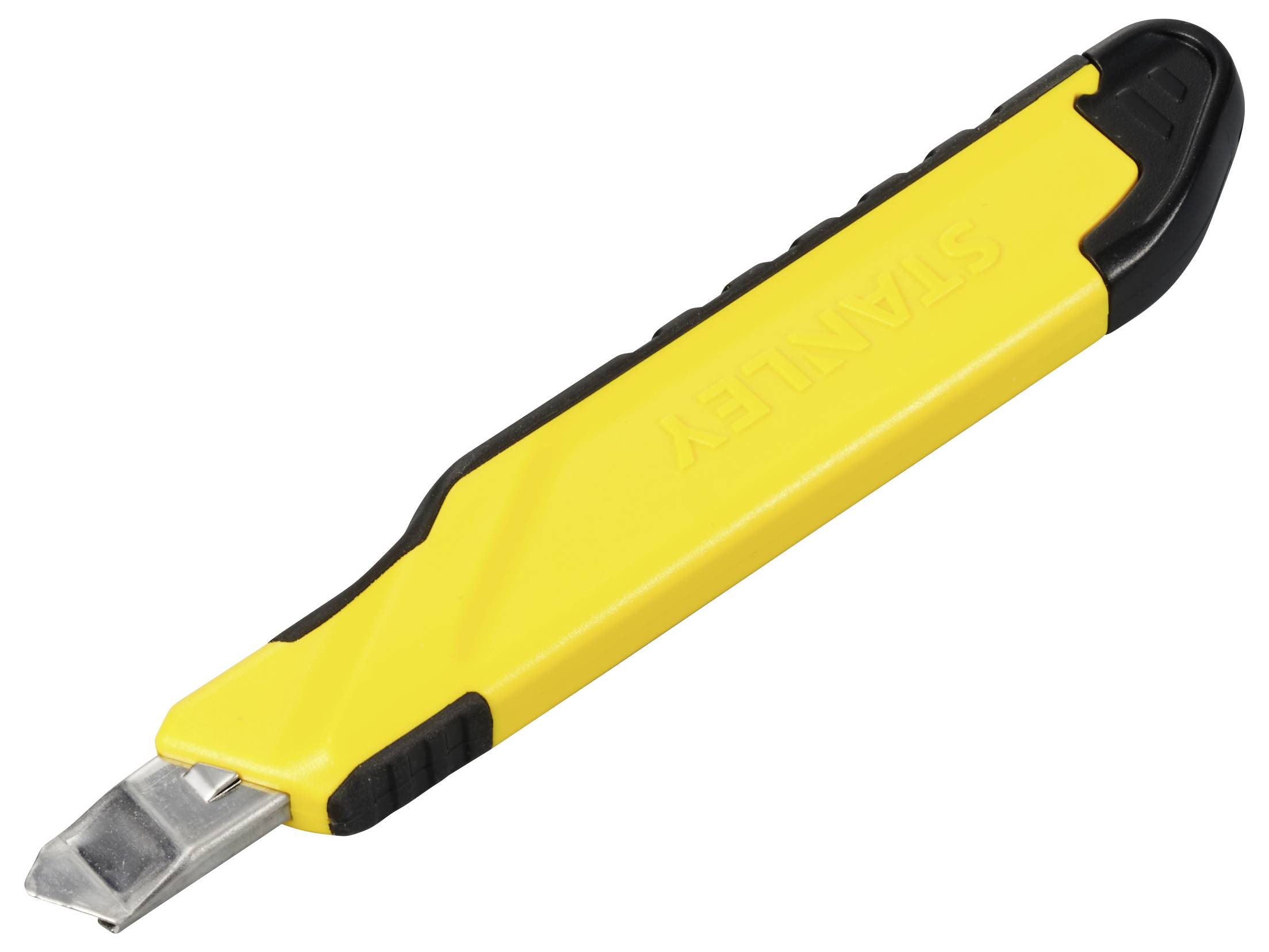 Couteau universel jaune à manche noir avec lame rétractable, adapté aux travaux manuels.