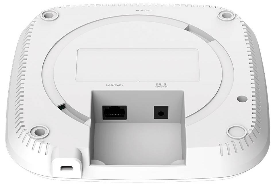 Le dessous d'un point d'accès Wi-Fi blanc avec bouton de réinitialisation et connexions pour LAN et câble d'alimentation.