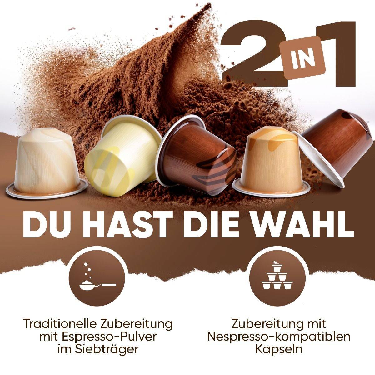 Deux méthodes de préparation de l'espresso : avec du café moulu dans un porte-filtre ou des capsules compatibles Nespresso. Arrière-plan : poudre de café.