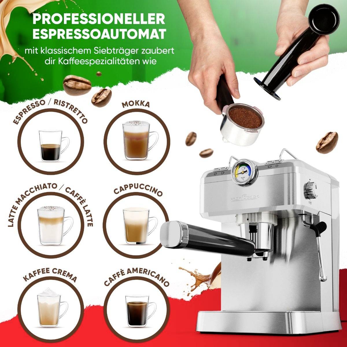 Une machine à espresso avec porte-filtre et plusieurs variétés de café telles que l'espresso, le mokka, le latte macchiato et le cappuccino.