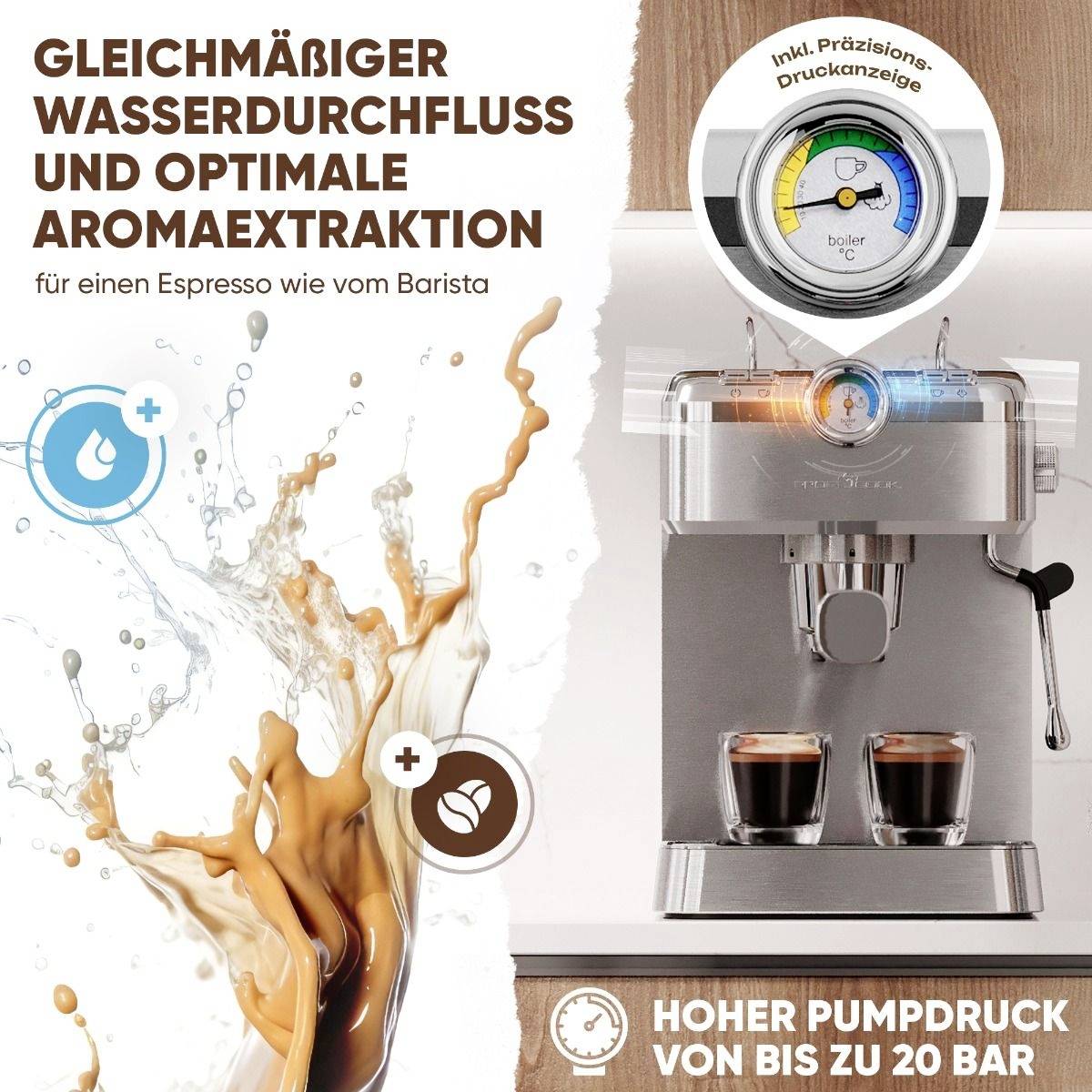 Machine à espresso avec deux tasses, offrant un débit d'eau uniforme et un contrôle des arômes. Affichage de précision et jusqu'à 20 bars de pression.